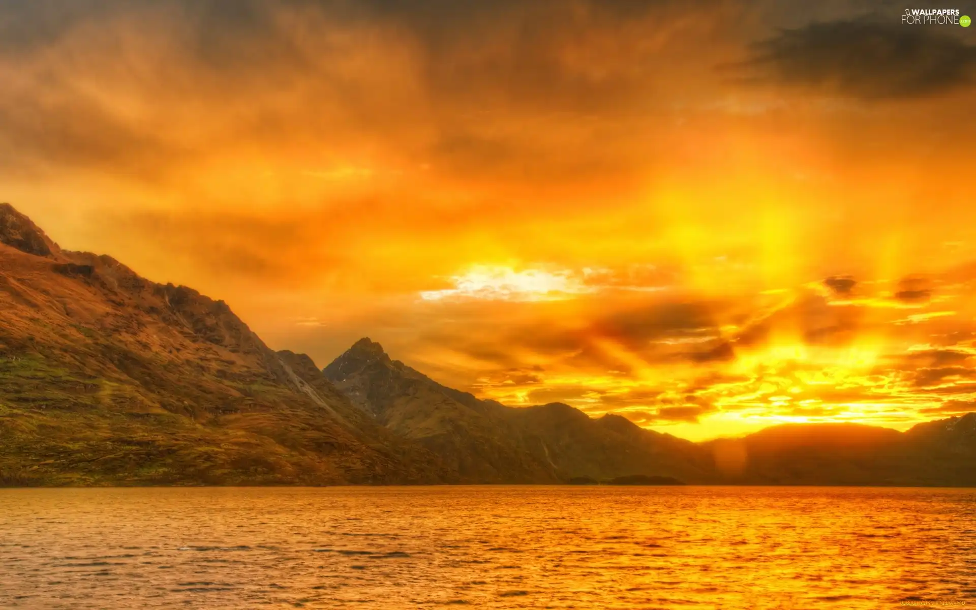 Mountains, water, west, sun, Golden