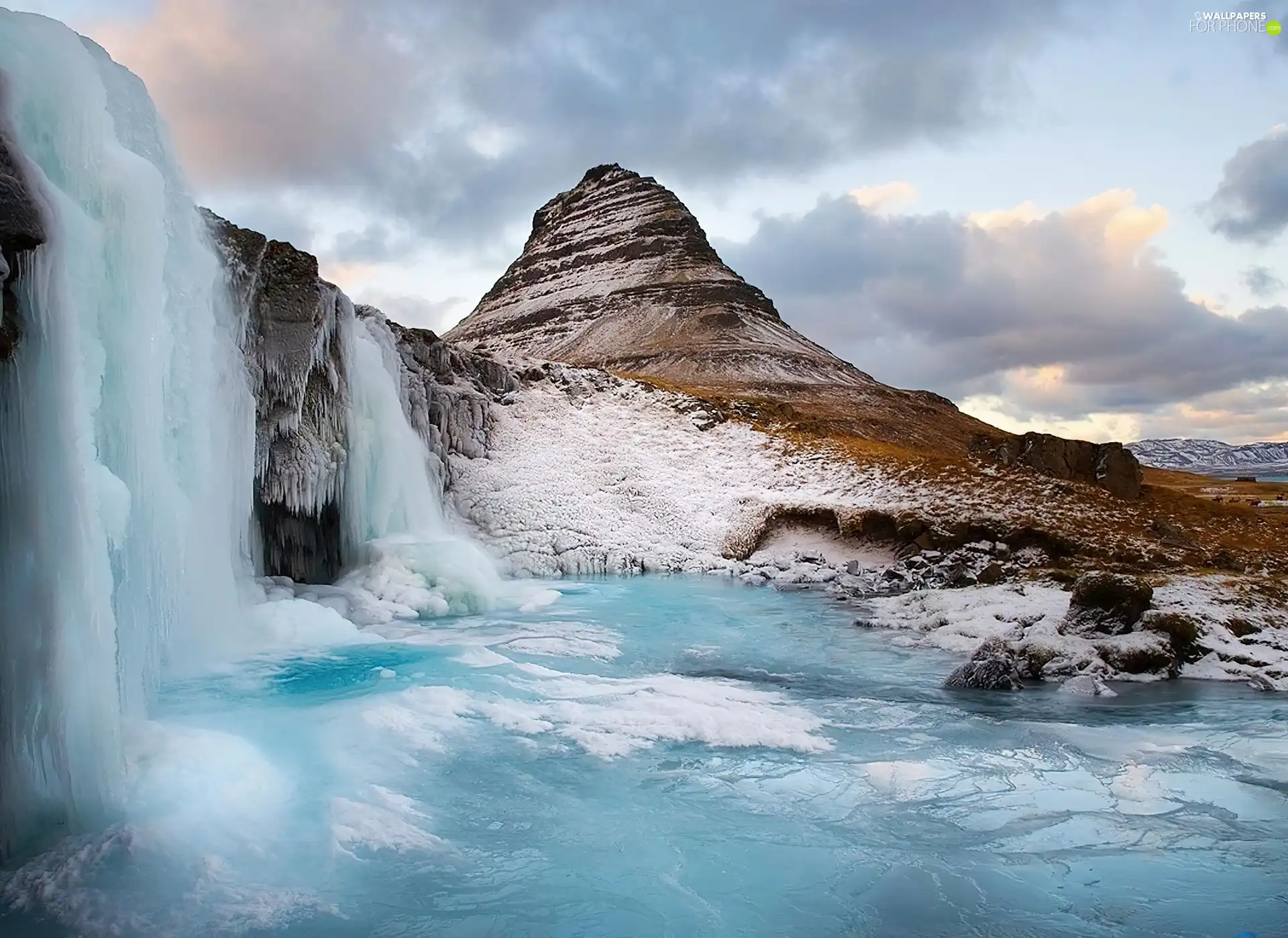 Mountains, frozen, waterfall