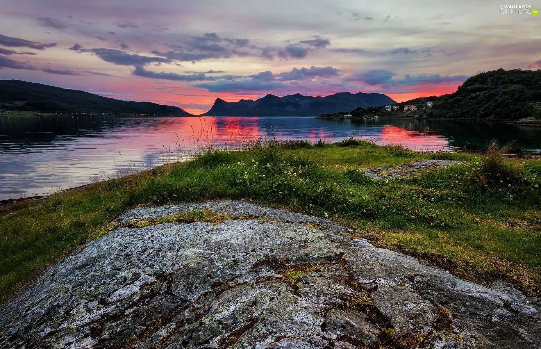 west, sea, Mountains, sun