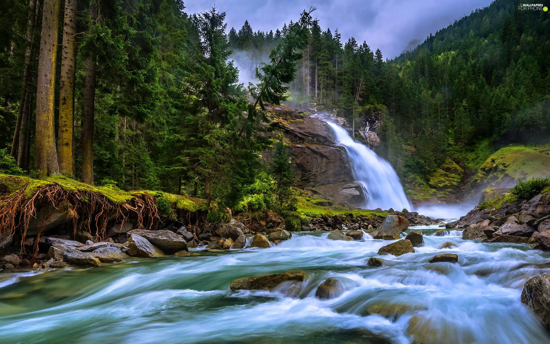 Mountains, woods, River, Stones, waterfall