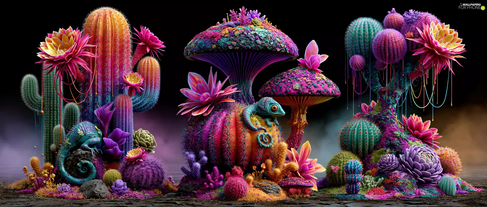 Cactus, Flowers, chameleons, mushrooms