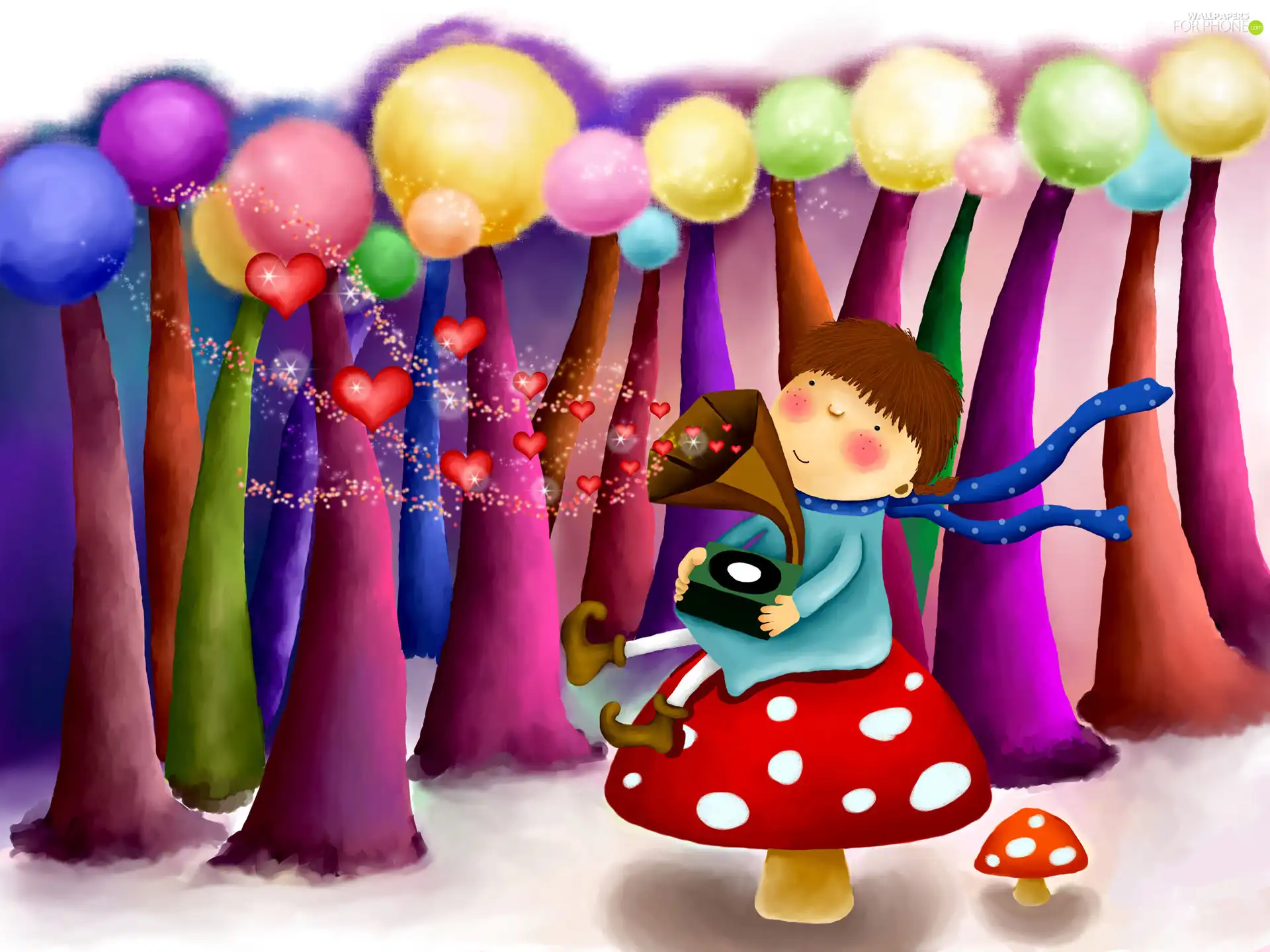 viewes, Park, gramophone, trees, Kid, Mushrooms, music