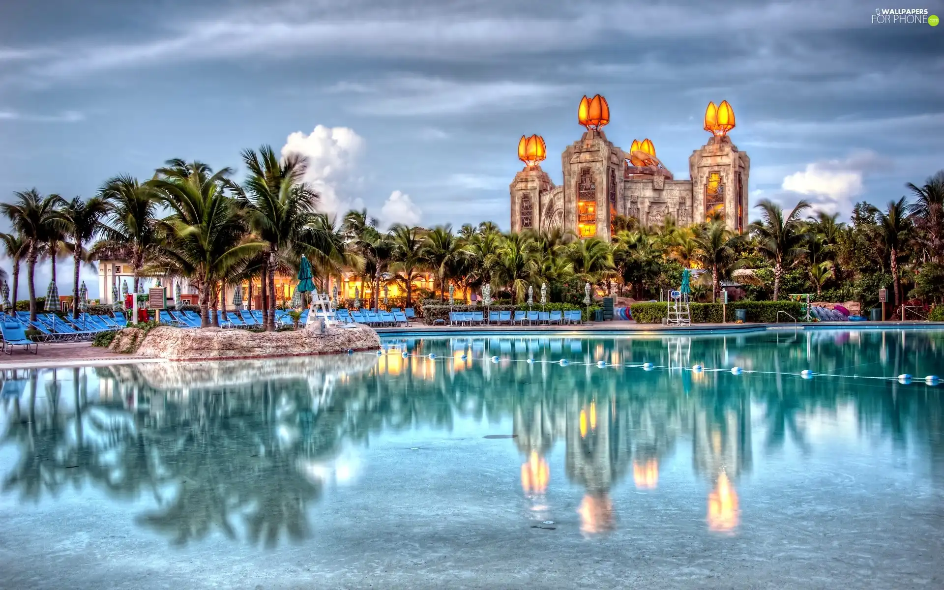 Nassau, Bahamas, Pool, Palms, Hotel hall