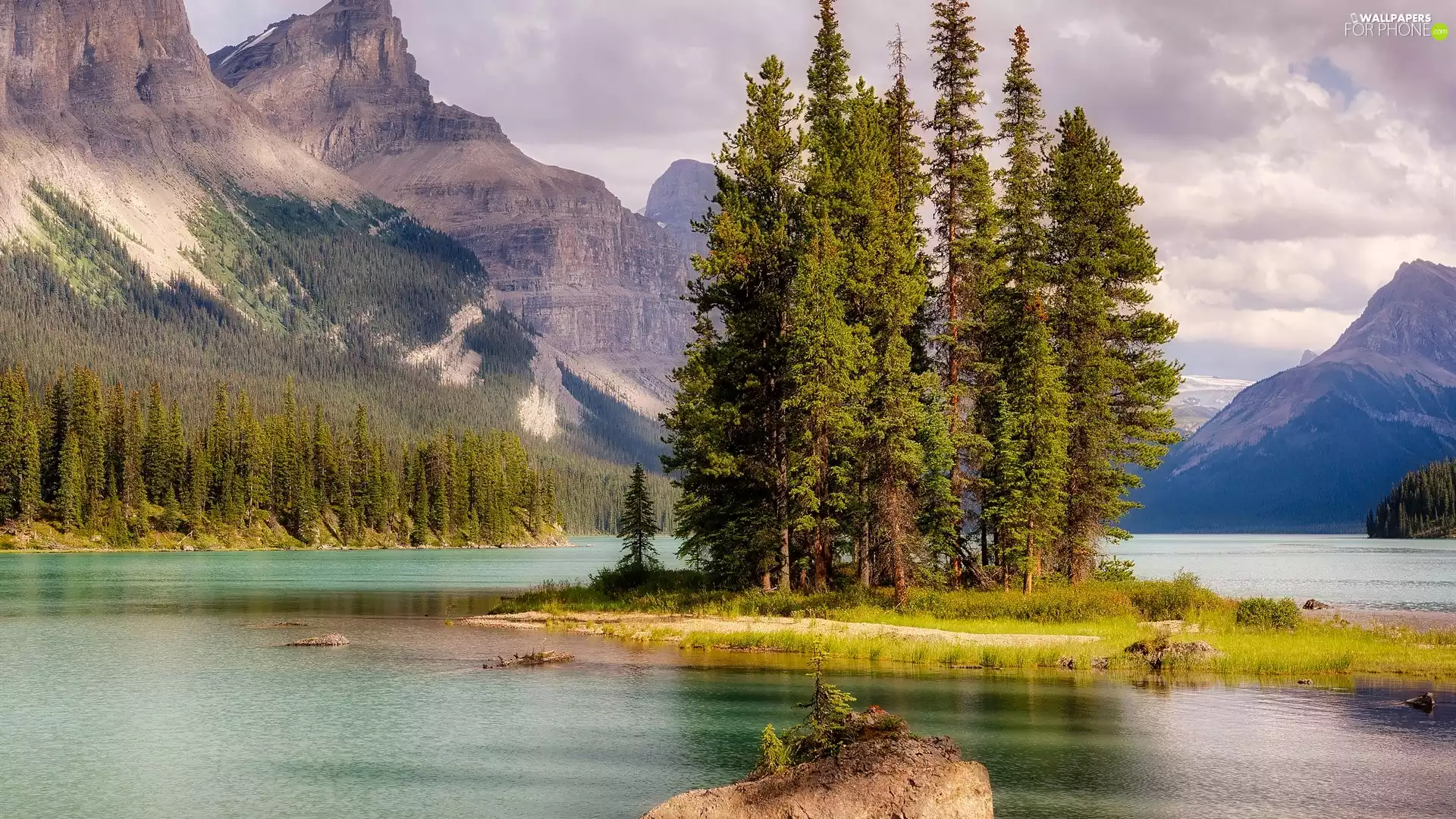 Maligne Lake, Jasper National Park, viewes, Canada, trees, Spirit Island, Spirit Island, Mountains
