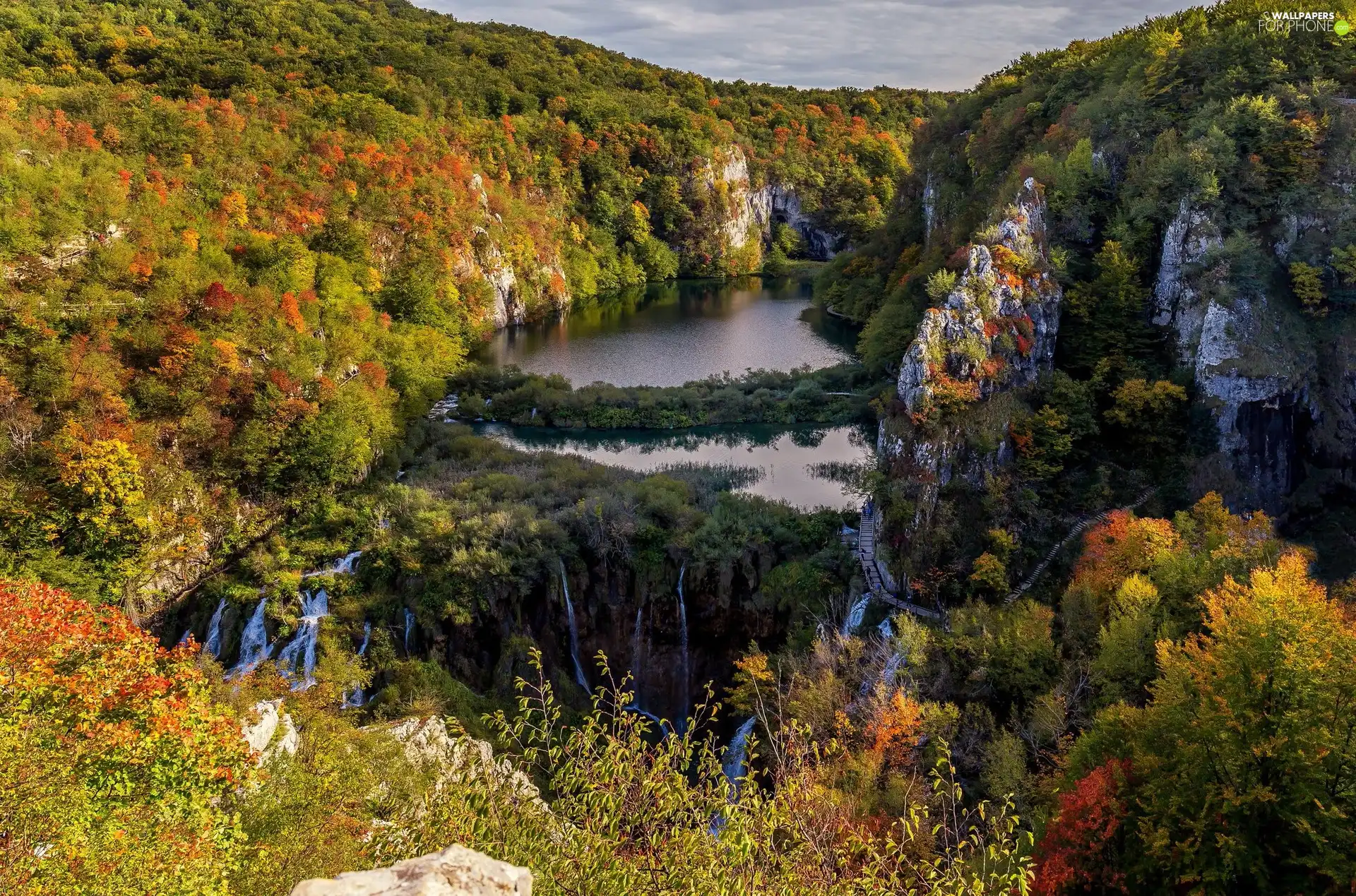 lake, trees, Coartia, viewes, Plitvice Lakes National Park, rocks, Mountains, waterfall