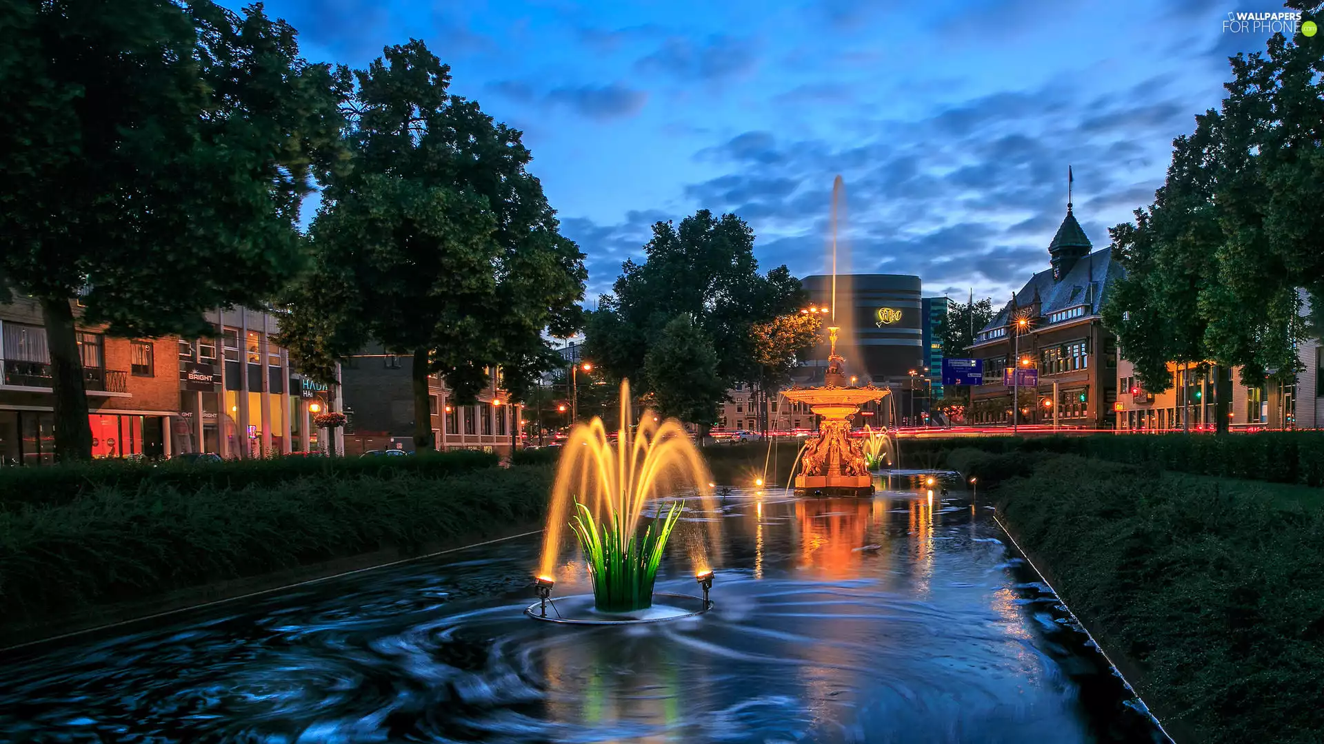 fountain, Town, Arnhem, Netherlands, lighting, Night