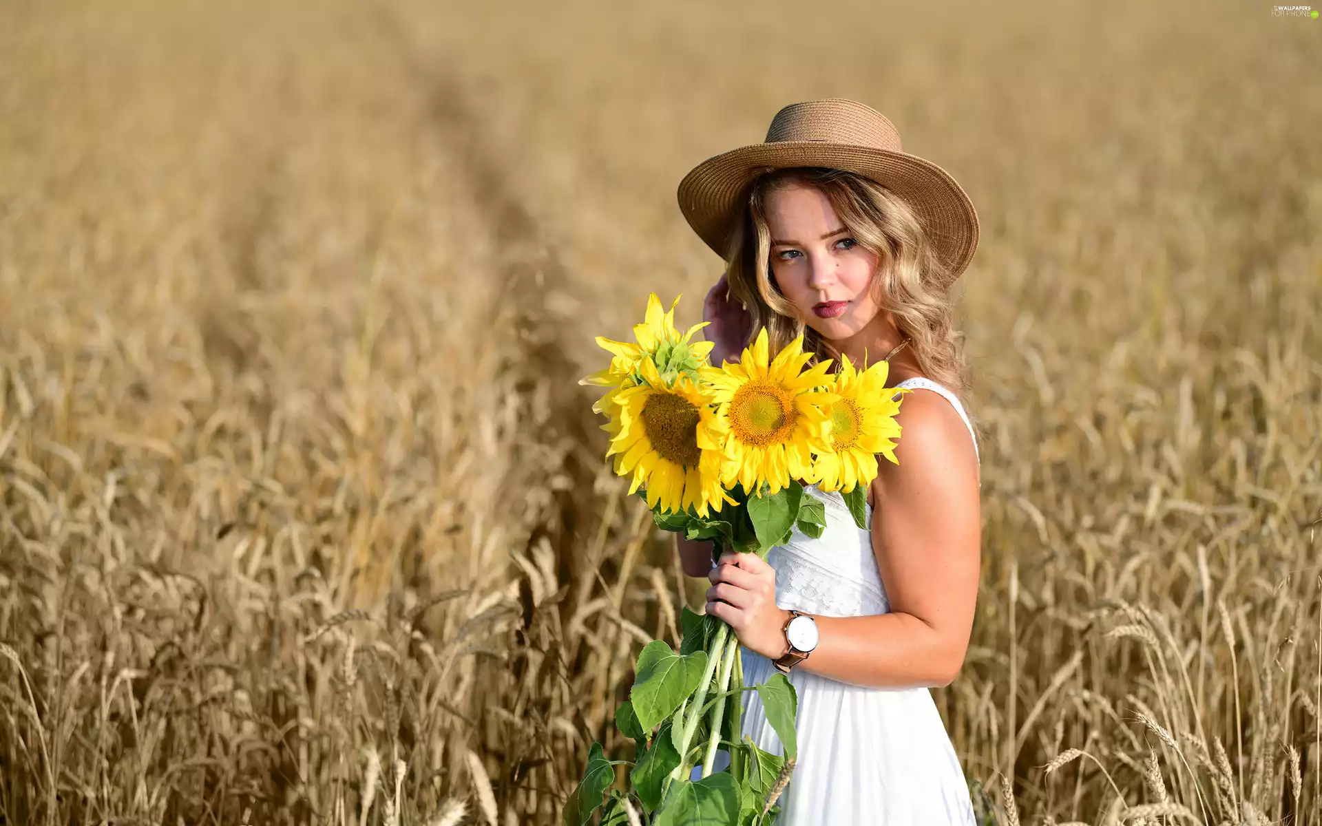 bouquet, Field, Hat, Nice sunflowers, Women
