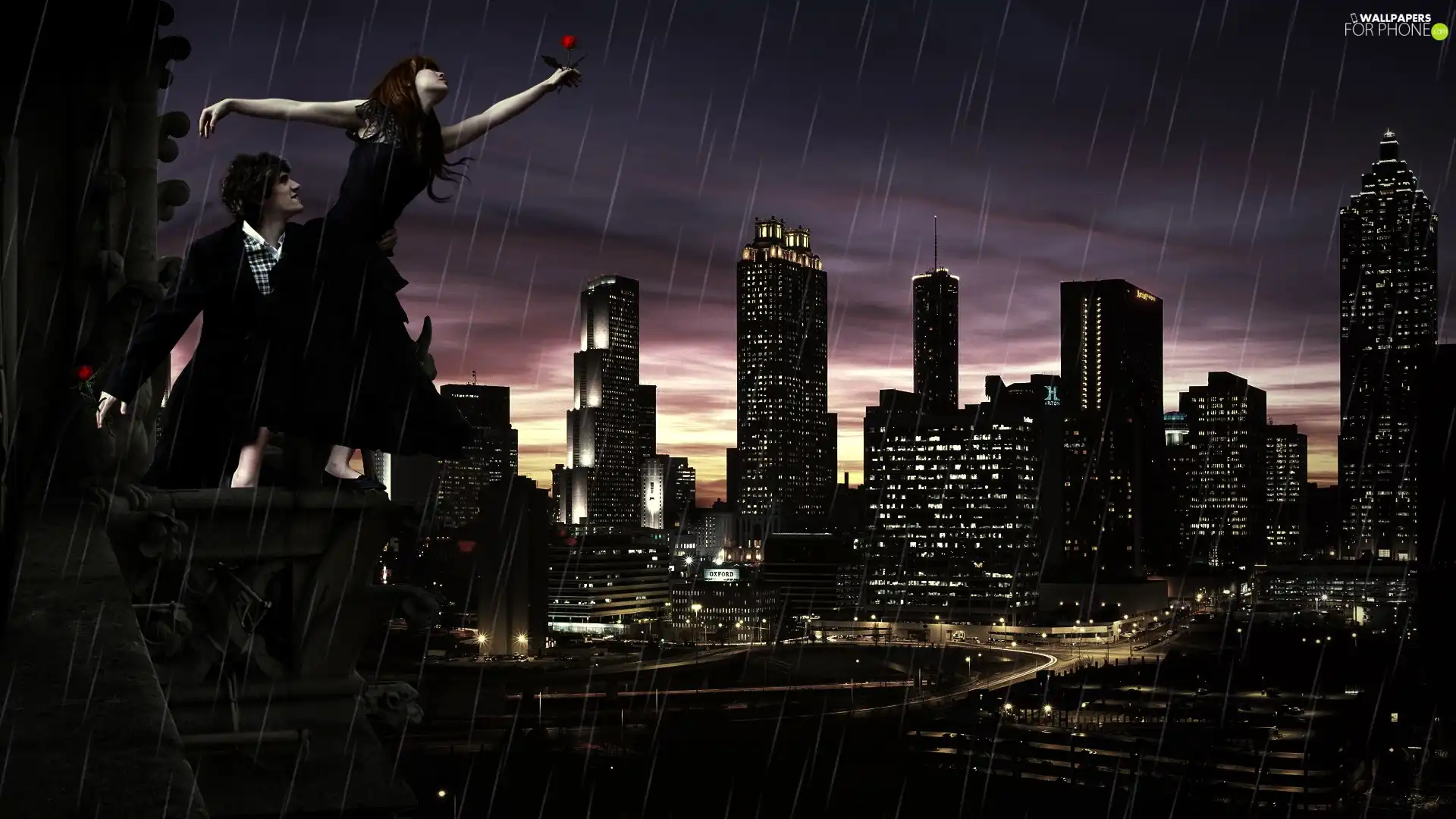night, Rain, a man, Town, Women
