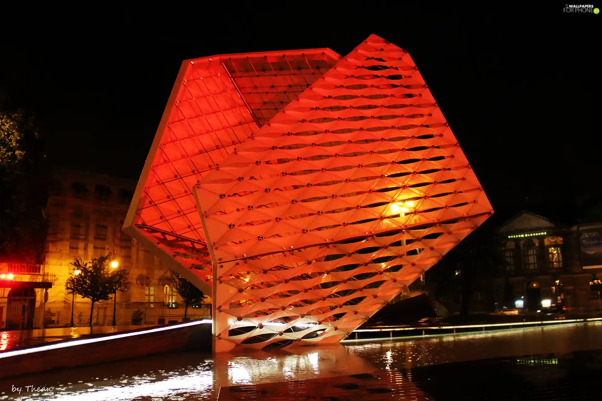 Night, red hot, freedom, Poznań, fountain
