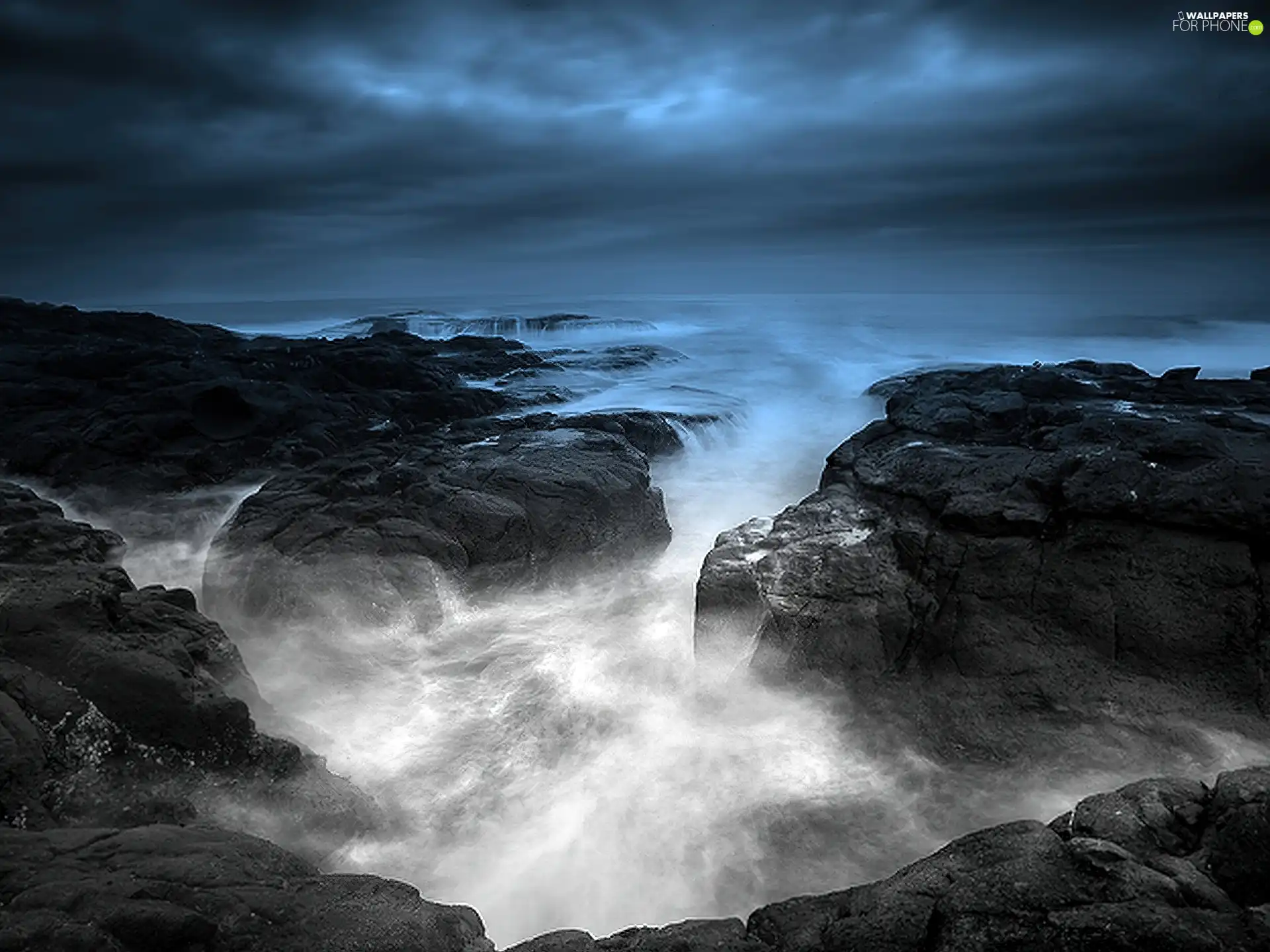 sea, clouds, Night, rocks