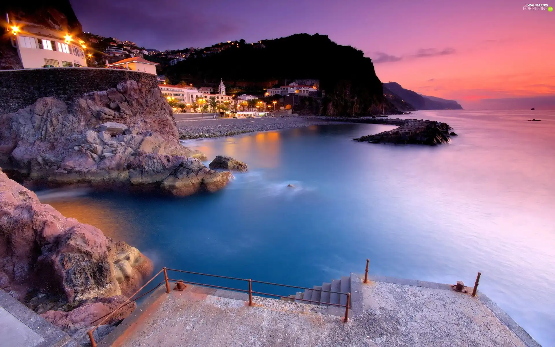 sea, Hotel hall, Night, rocks