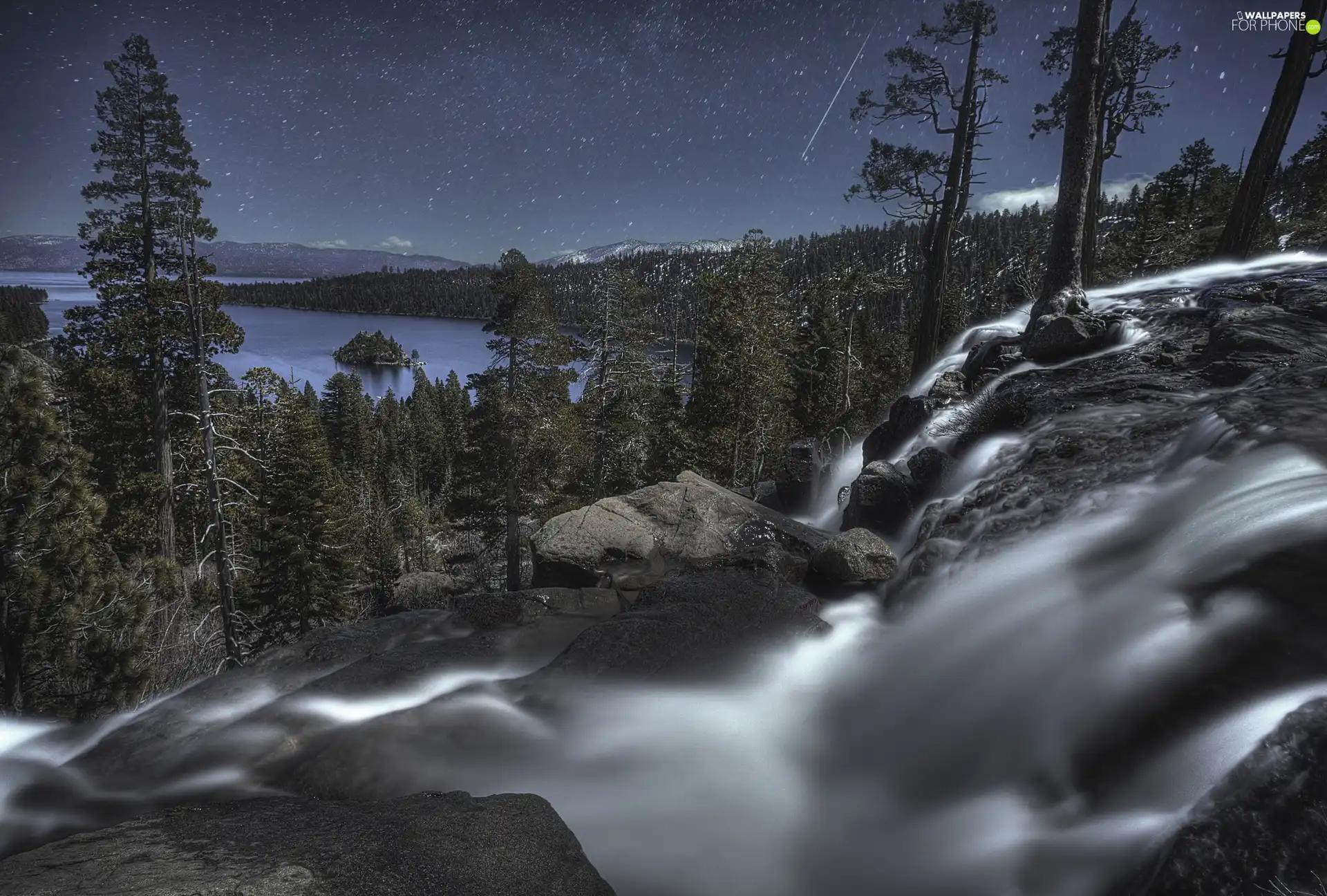 waterfall, lake, Night, forest