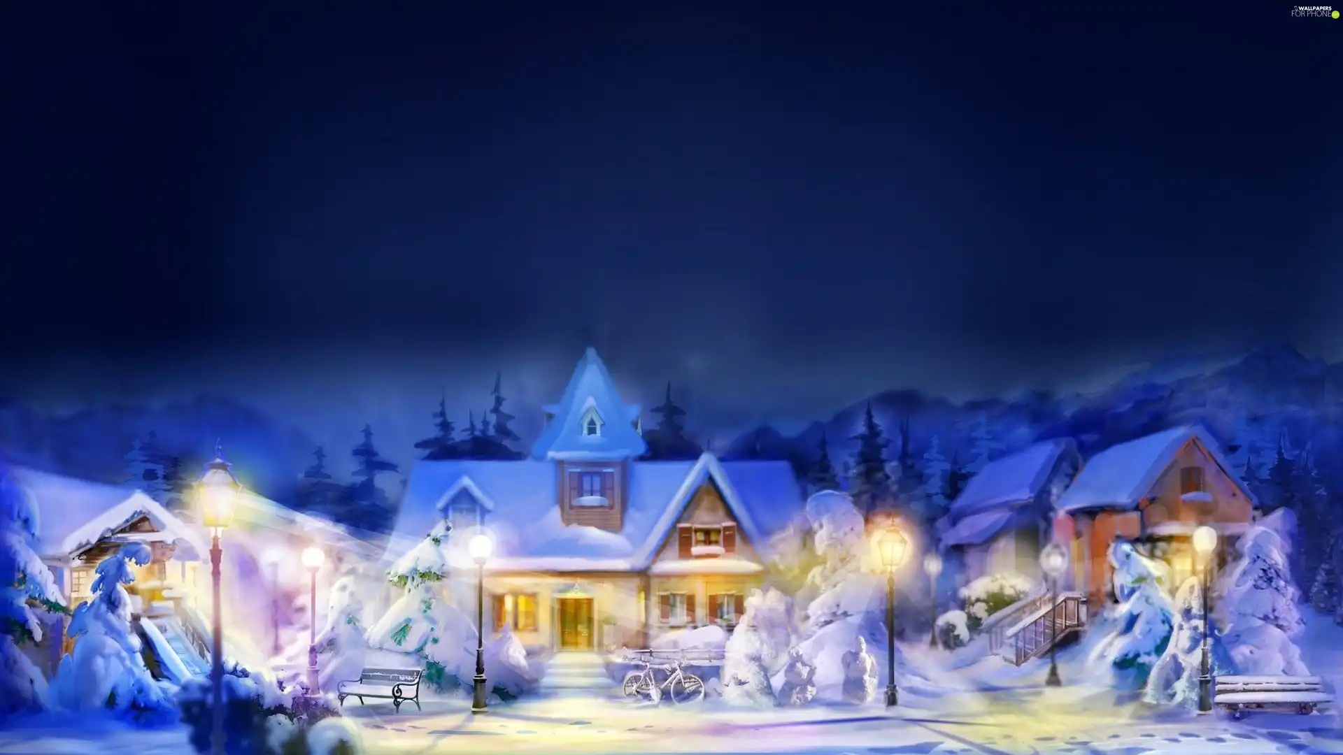 winter, Bike, Night, Houses