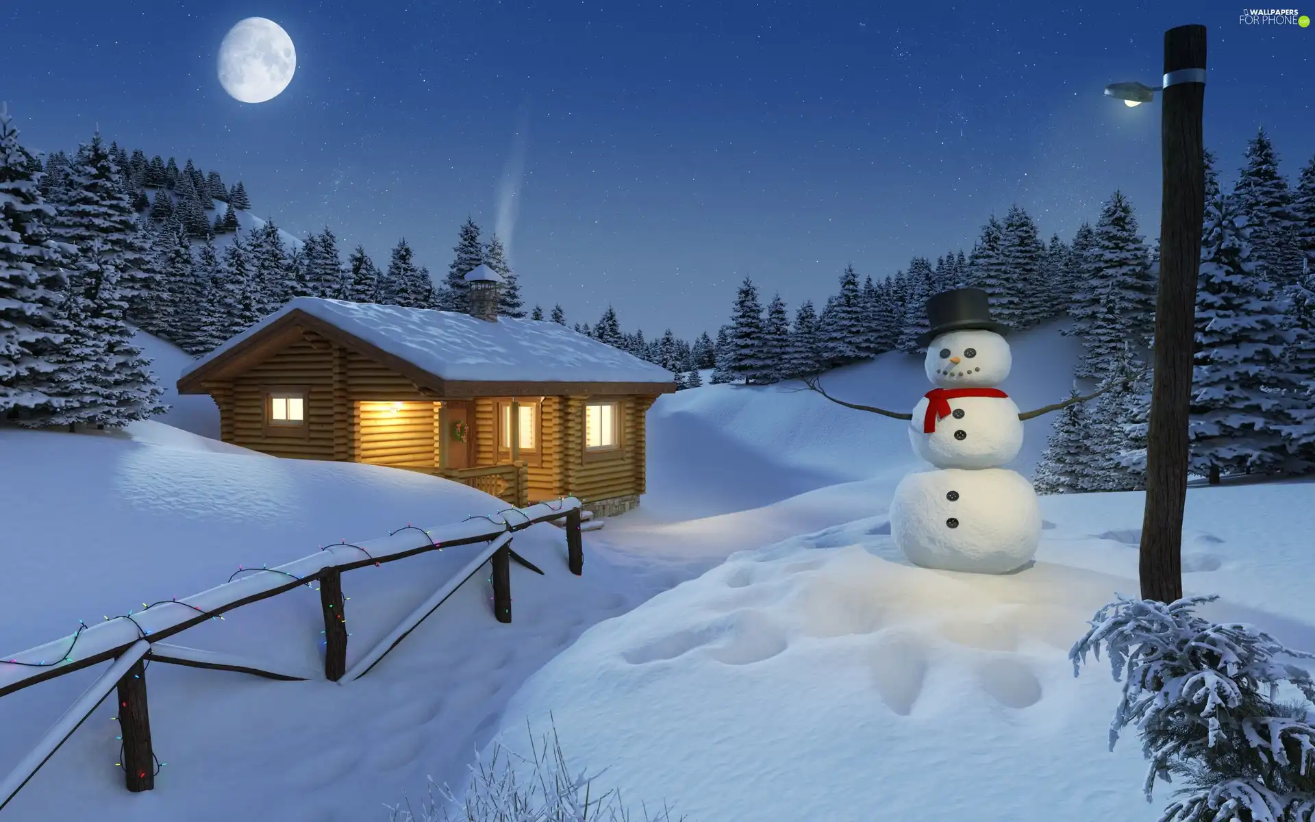 woods, house, Night, winter, Snowman, Mountains