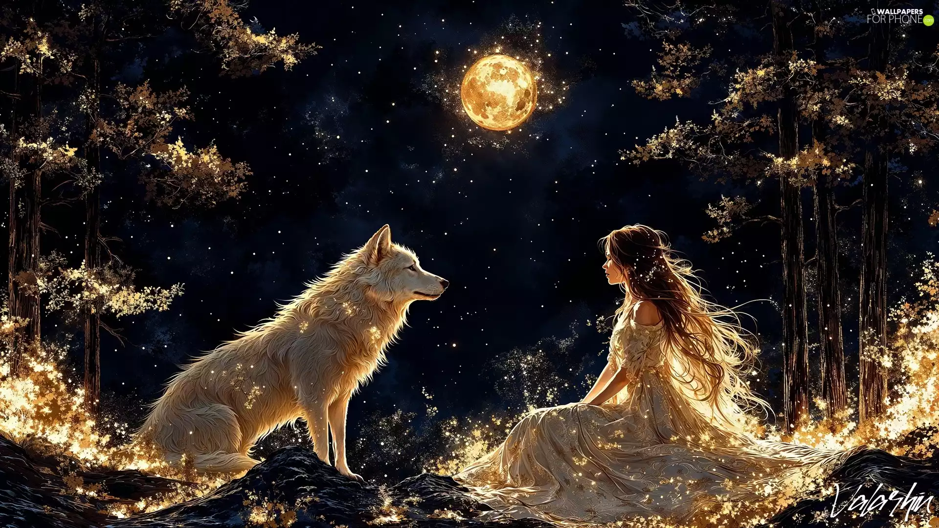 Night, graphics, forest, girl, trees, viewes, Wolf, moon, White
