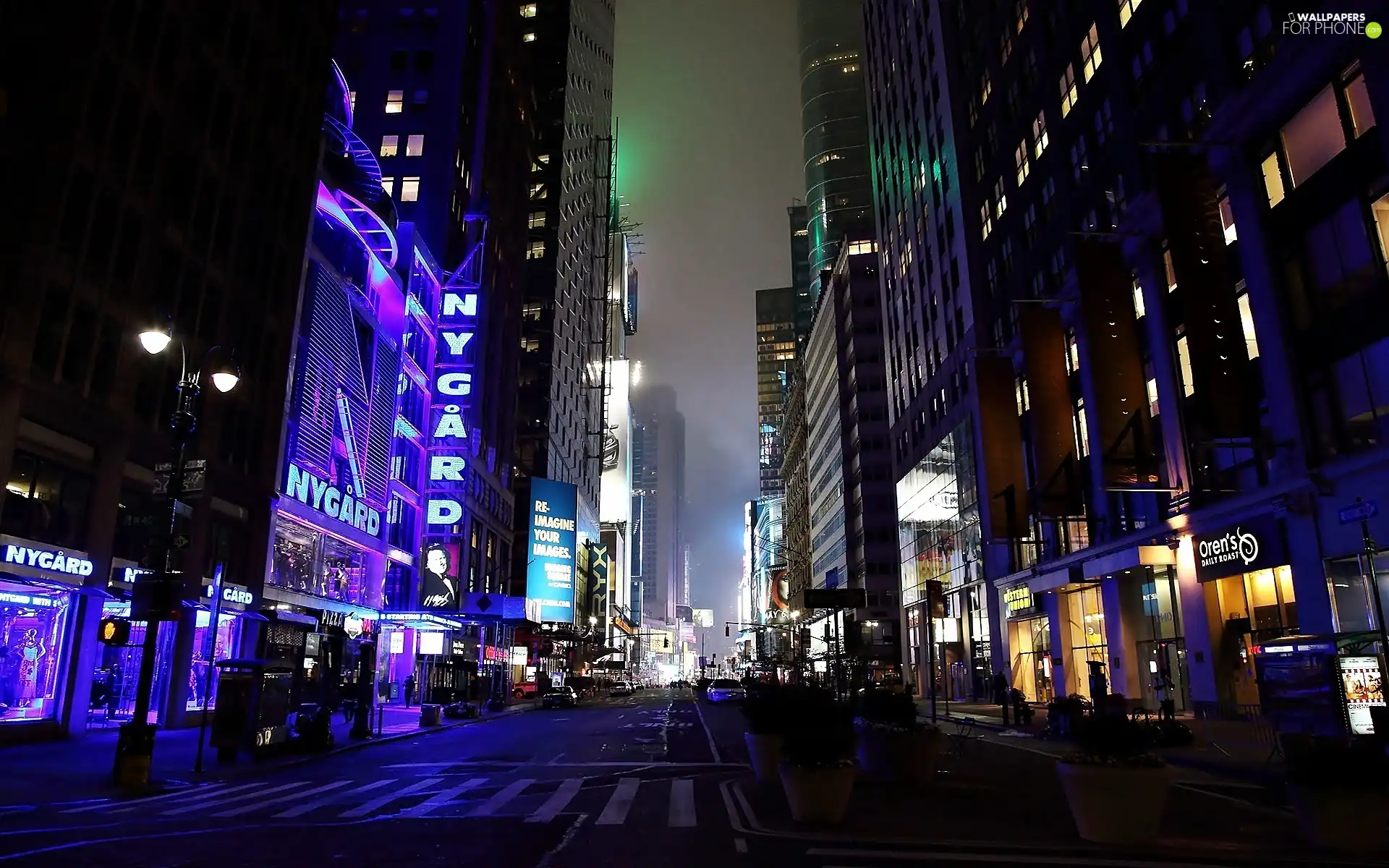 Street, skyscrapers, fragment, City ​​at Night, Nowy York, clouds