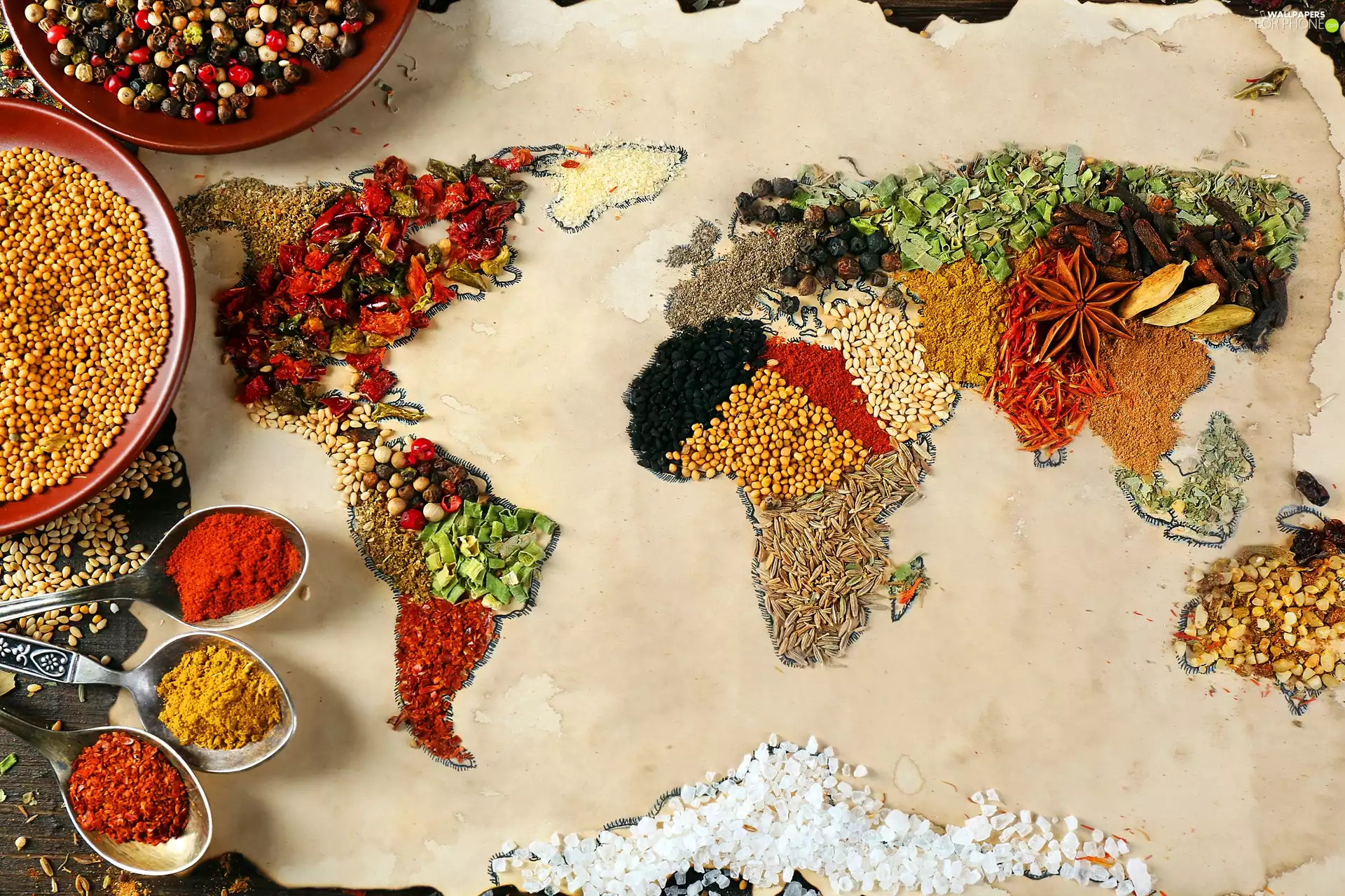 spice, Map, Minced, Spoons, pepper, salt, Nutmeg, Continents, world, knob, pepper