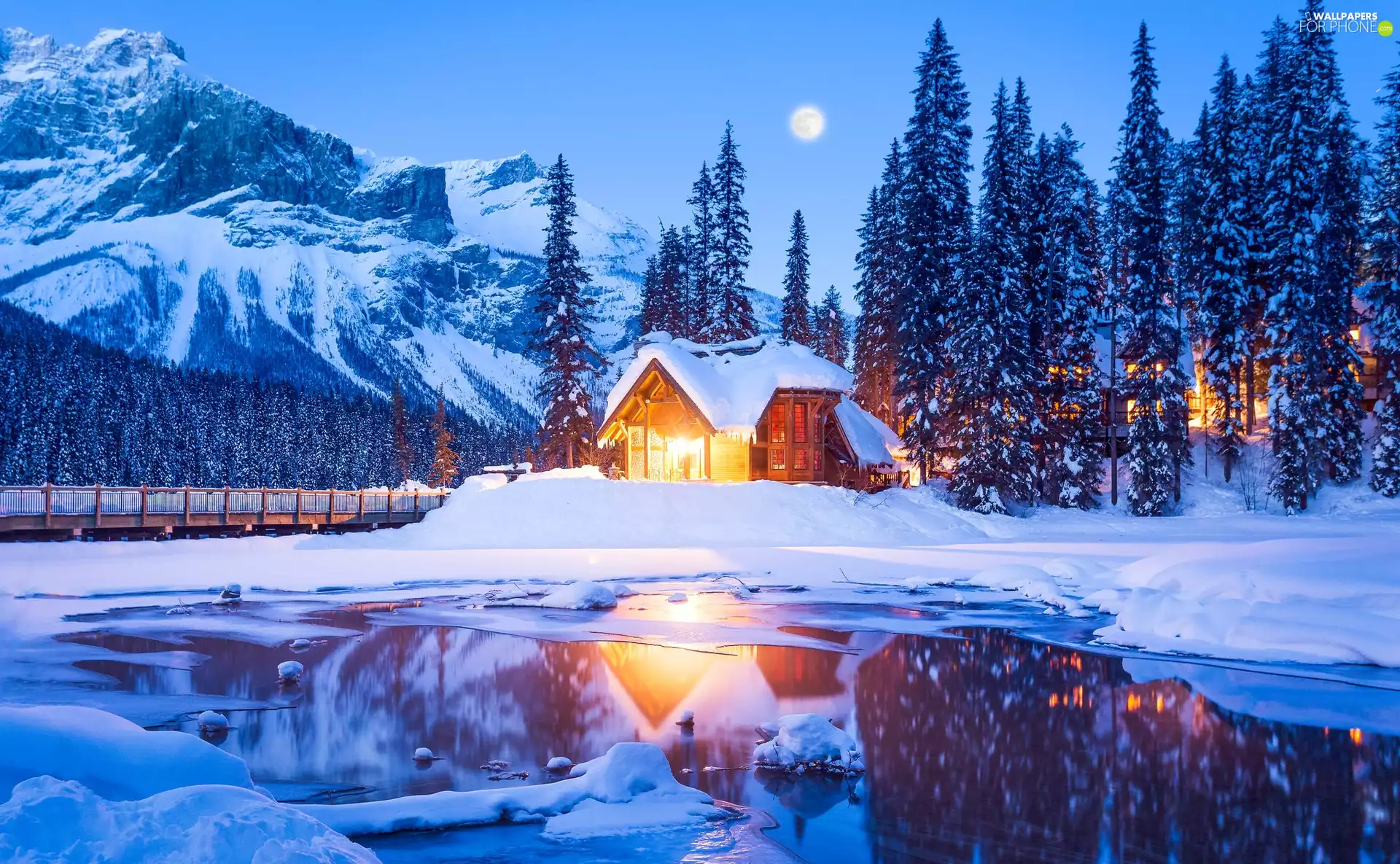 Mountains, Yoho National Park, Floodlit, Province of British Columbia, house, winter, Emerald Lake, Canada, forest, bridge