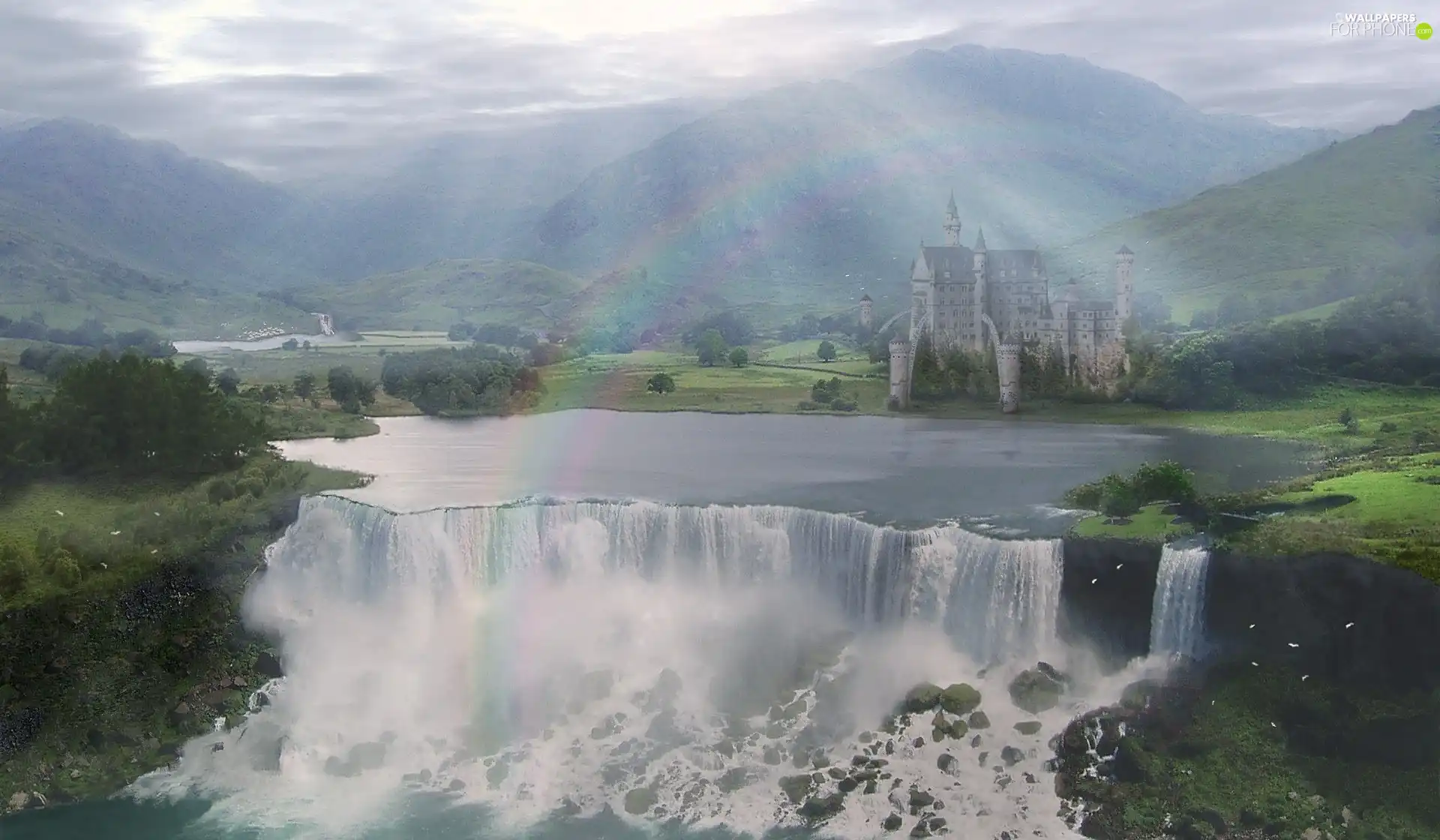 rays of the Sun, Castle, Mountains, rainbows, waterfall