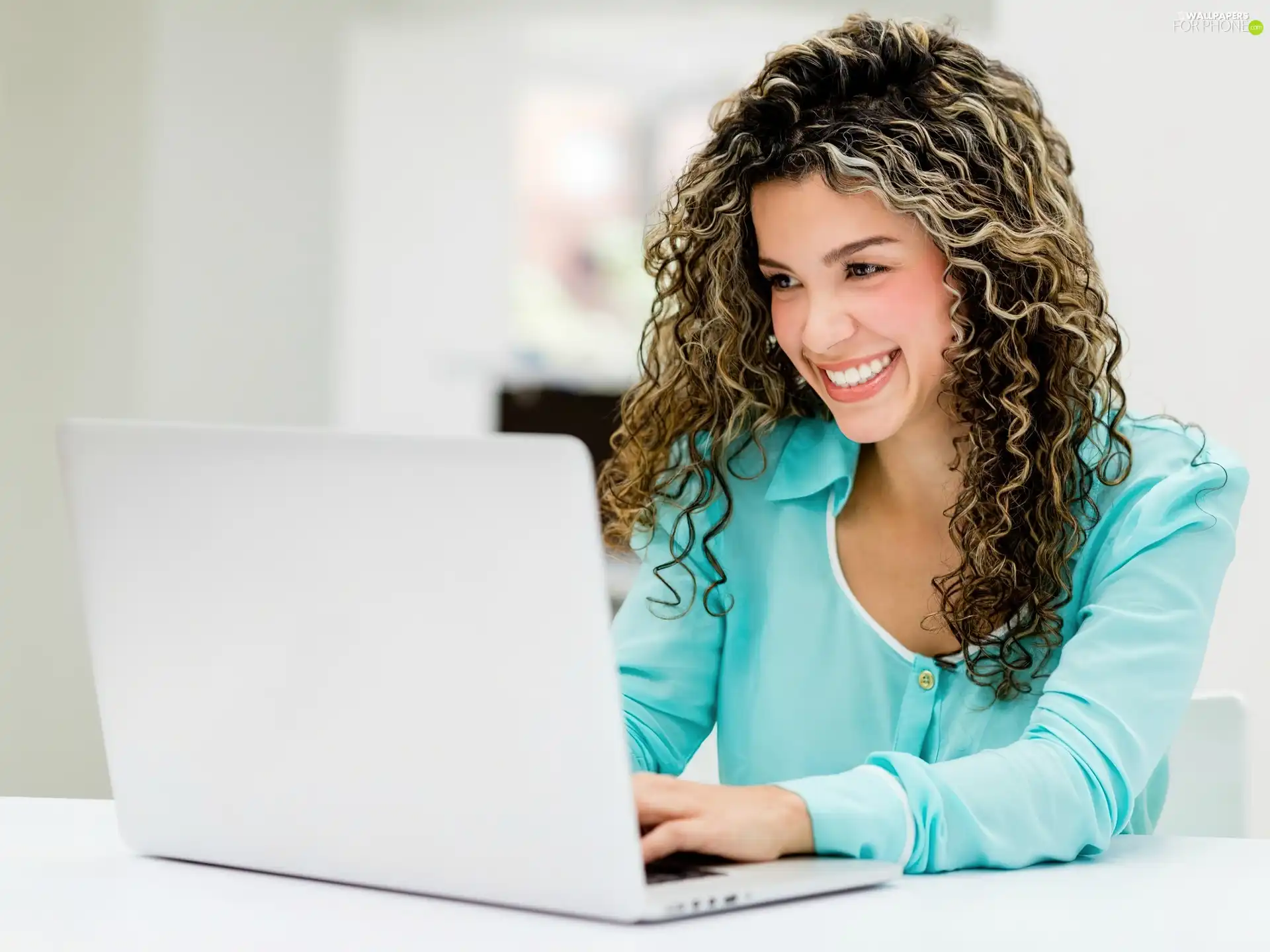 brunette, laptop, office, smiling