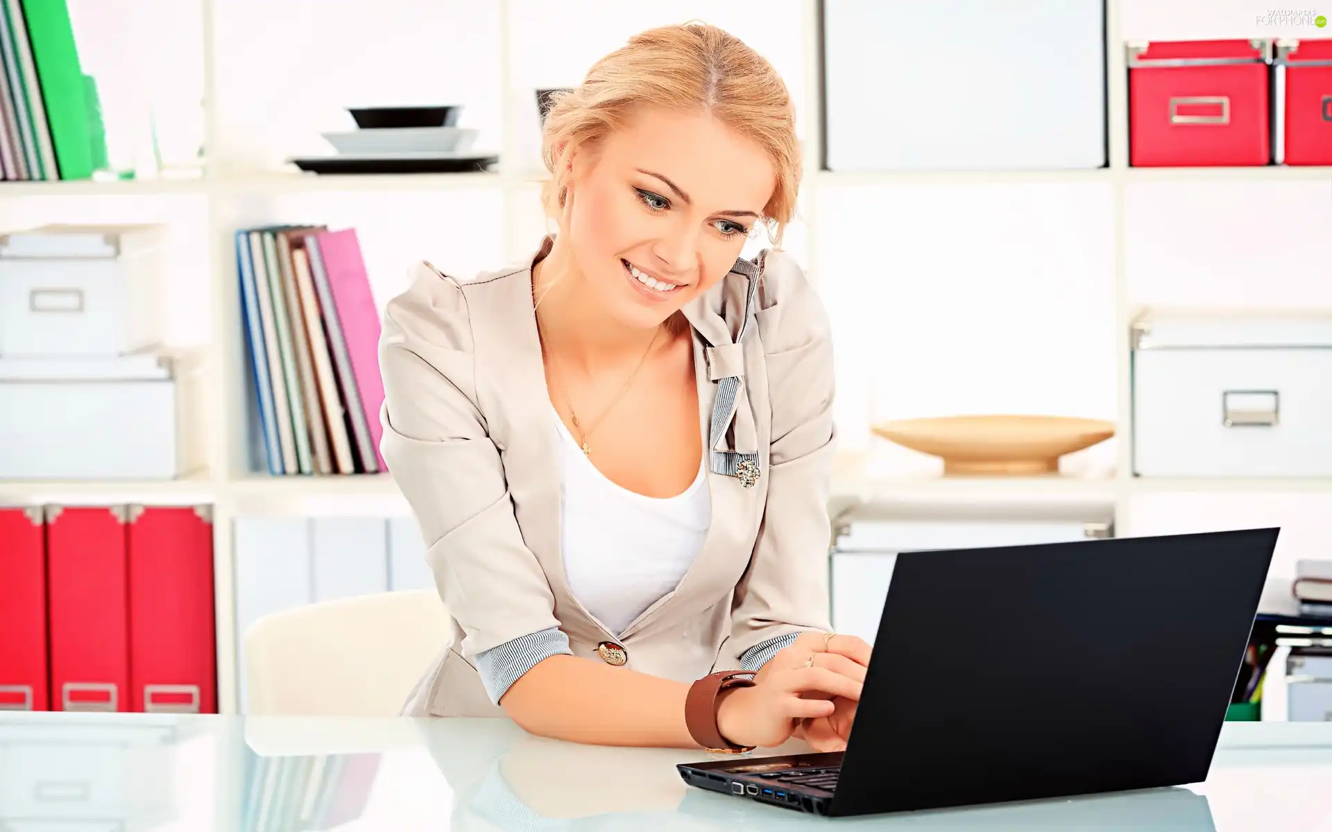 smiling, laptop, office, Blonde