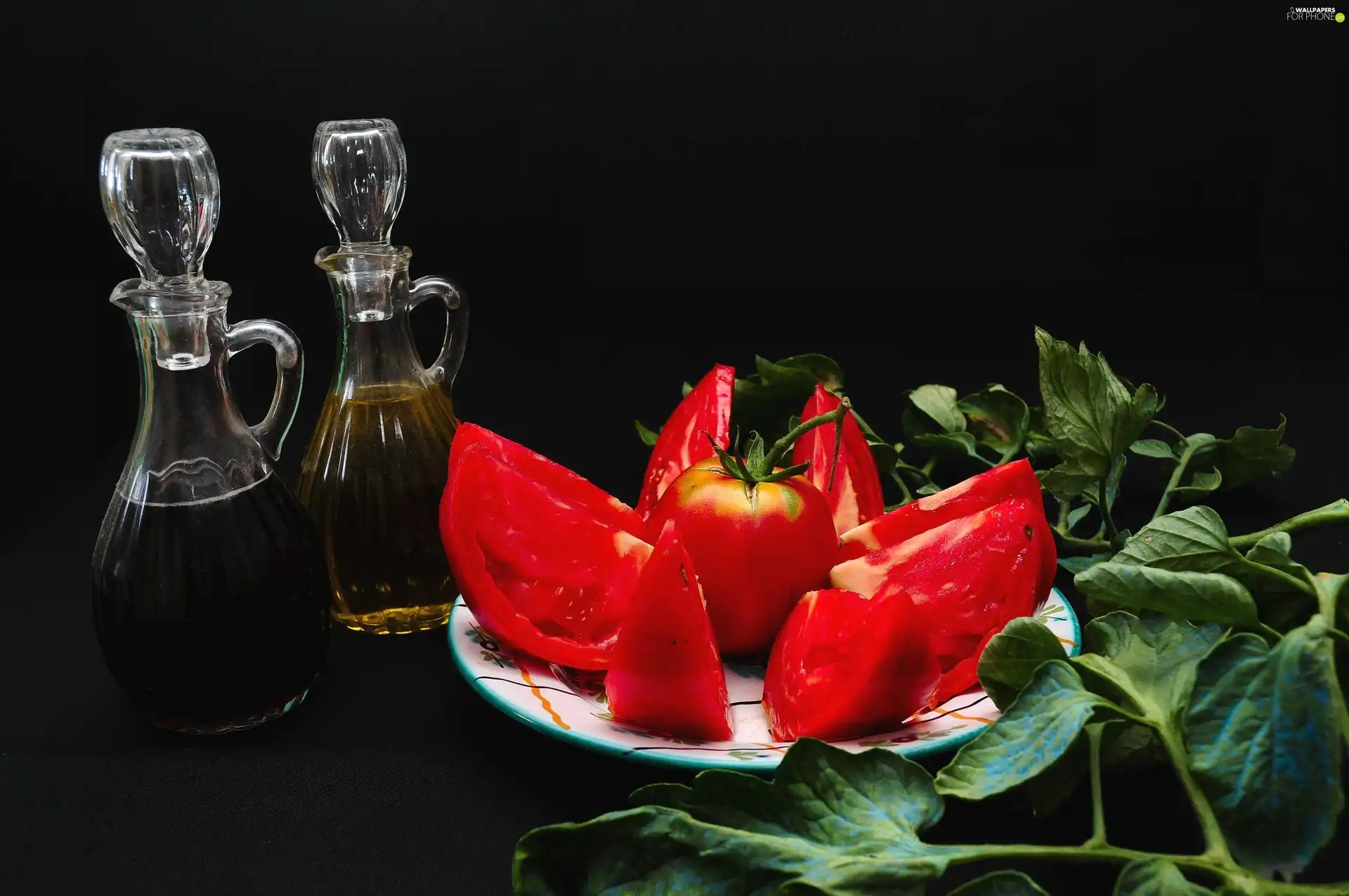 tomatoes, plate, oil, vinegar, basil, cut