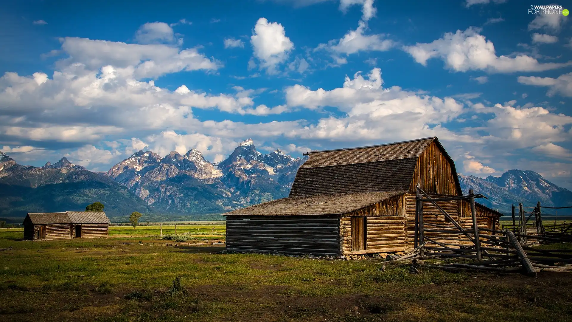 old, Sheds, clouds, medows, Mountains