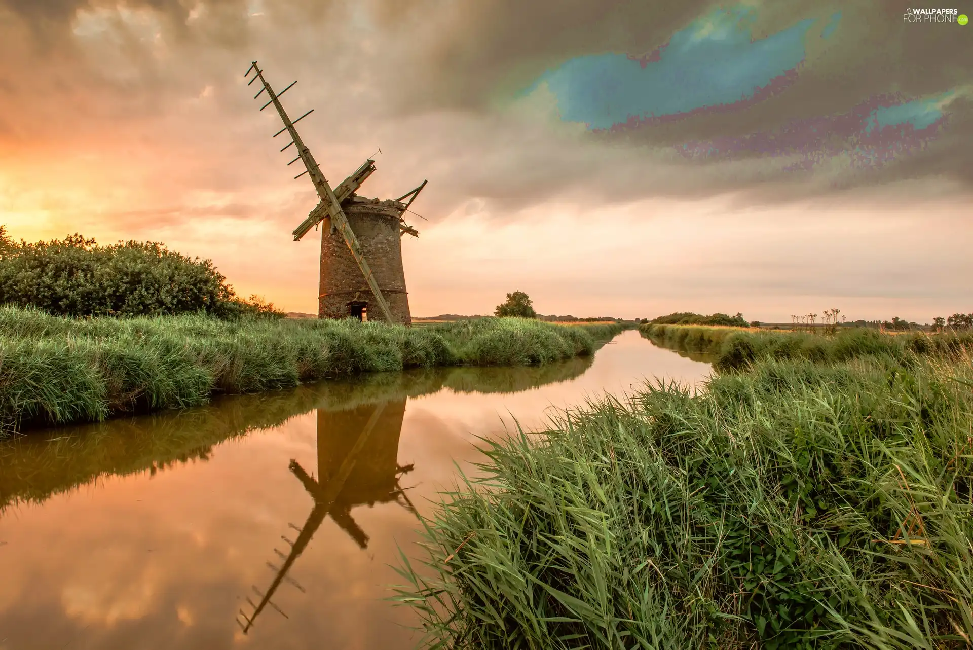 Old car, Windmill, grass, west, River