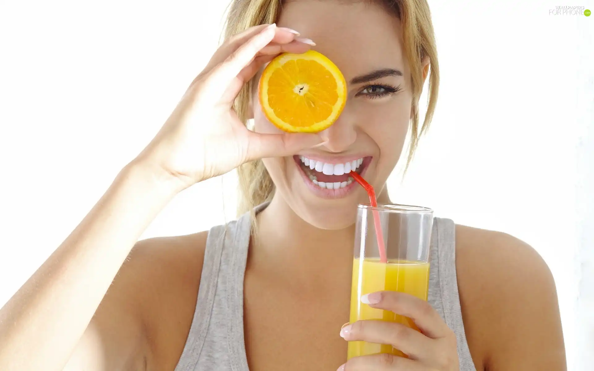 Blonde, juice, Orange, smiling
