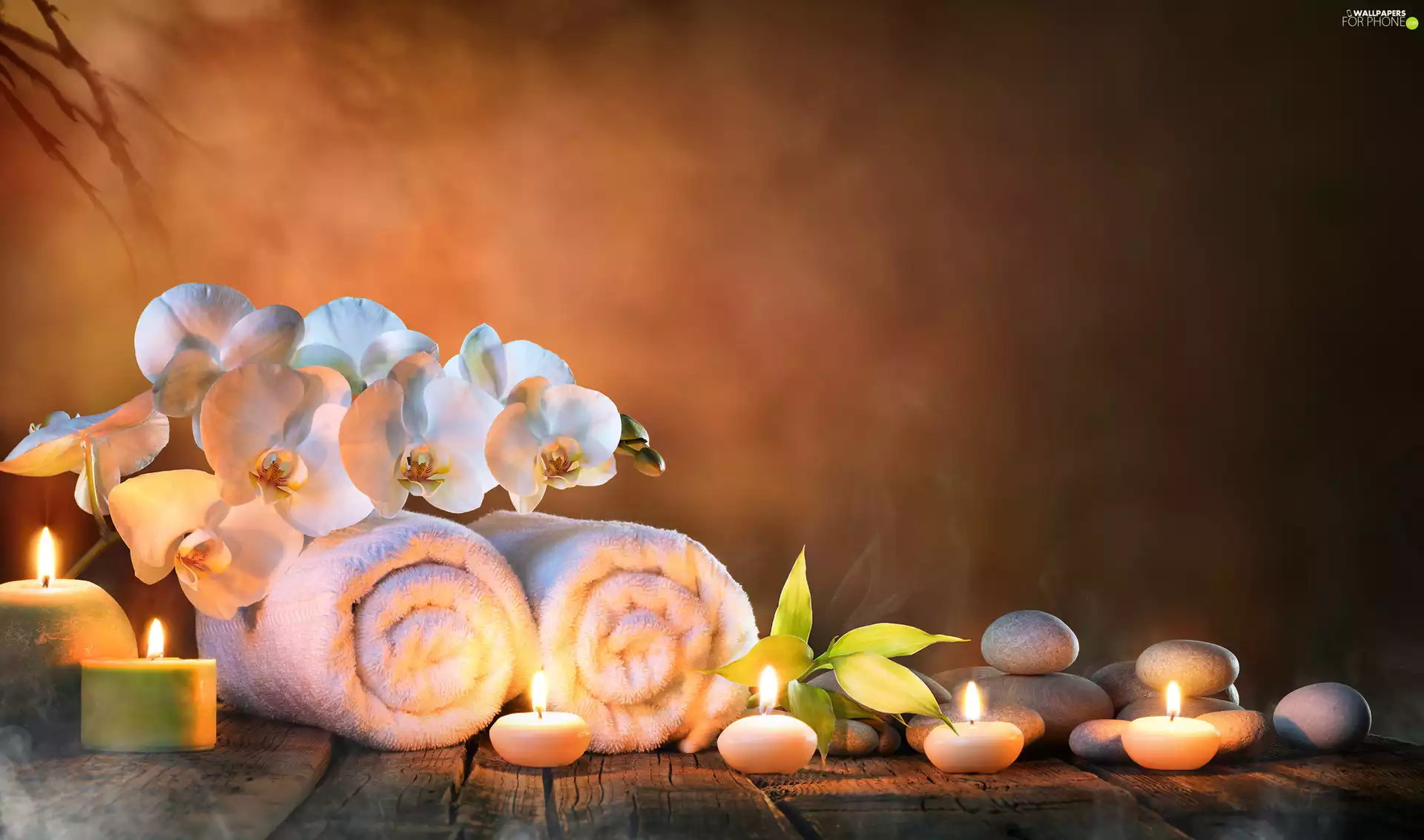 Candles, composition, Flowers, orchids, Towels, Spa
