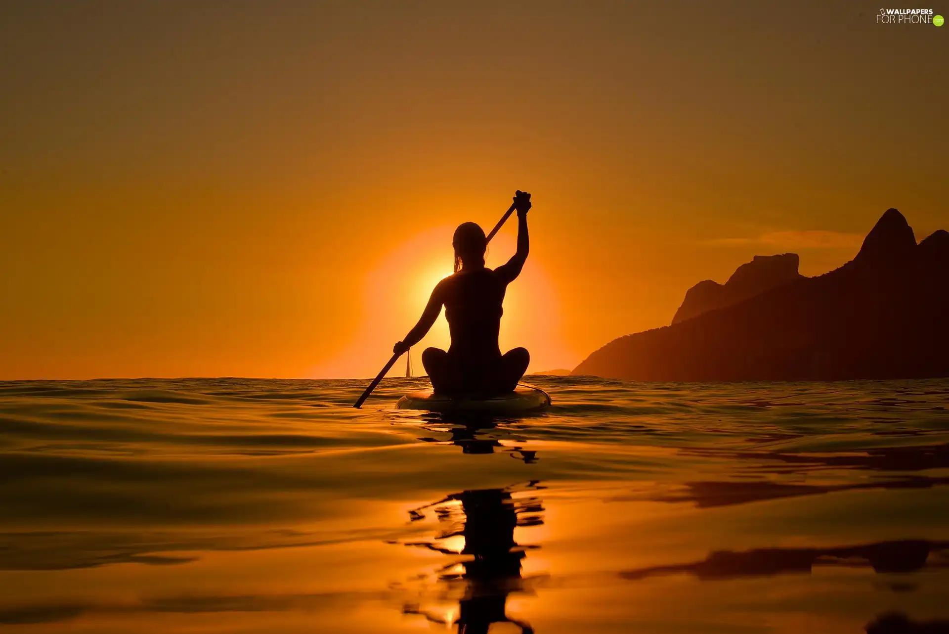 lake, west, paddle, Mountains, Women, sun