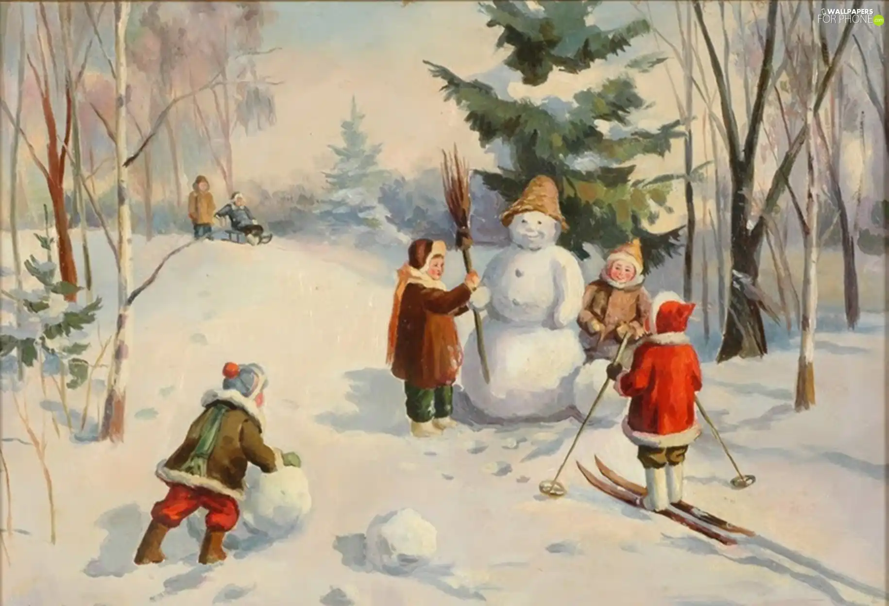 Snowman, winter, painting, Kids