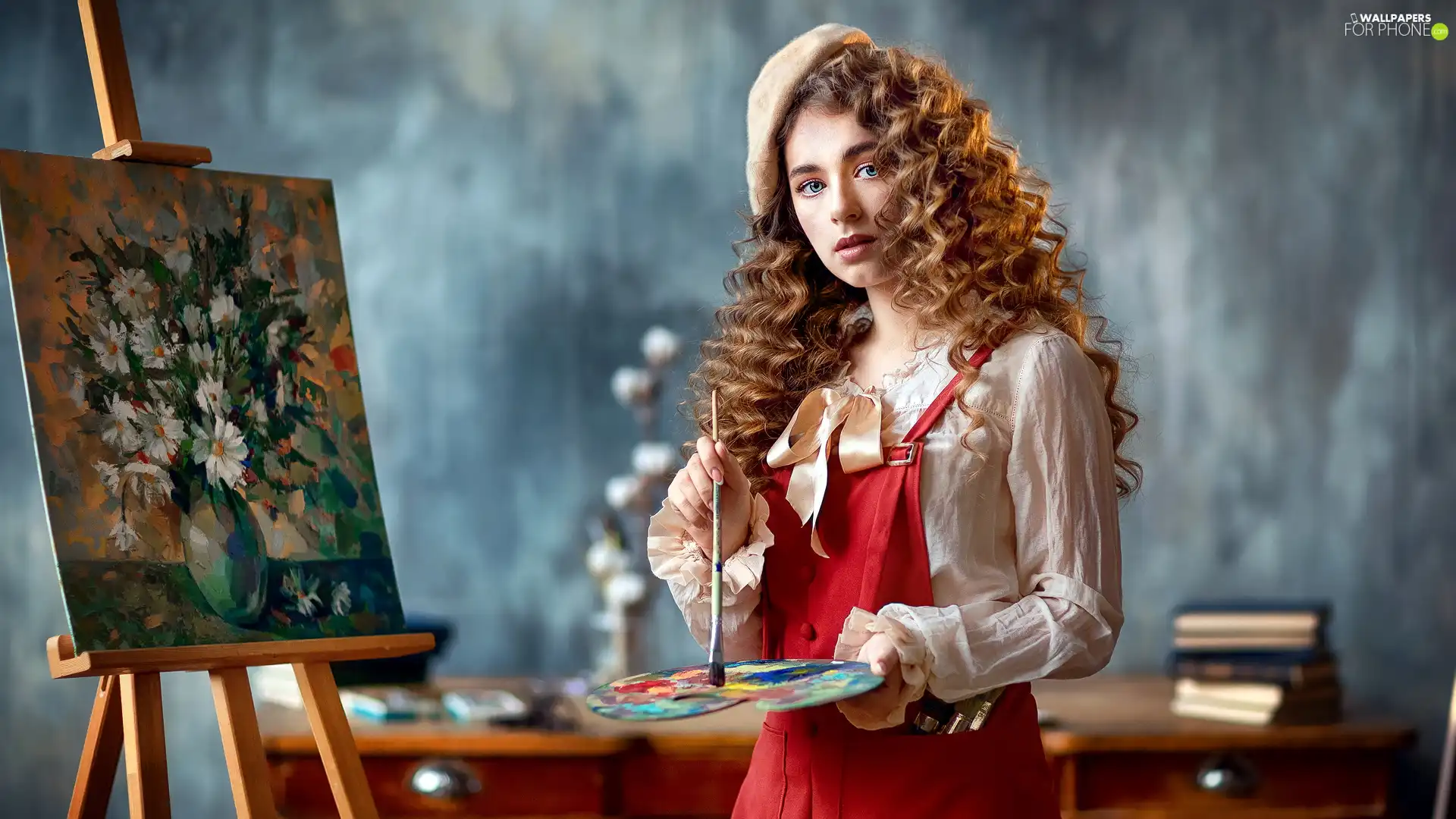 picture, Paints, girl, painter, redhead
