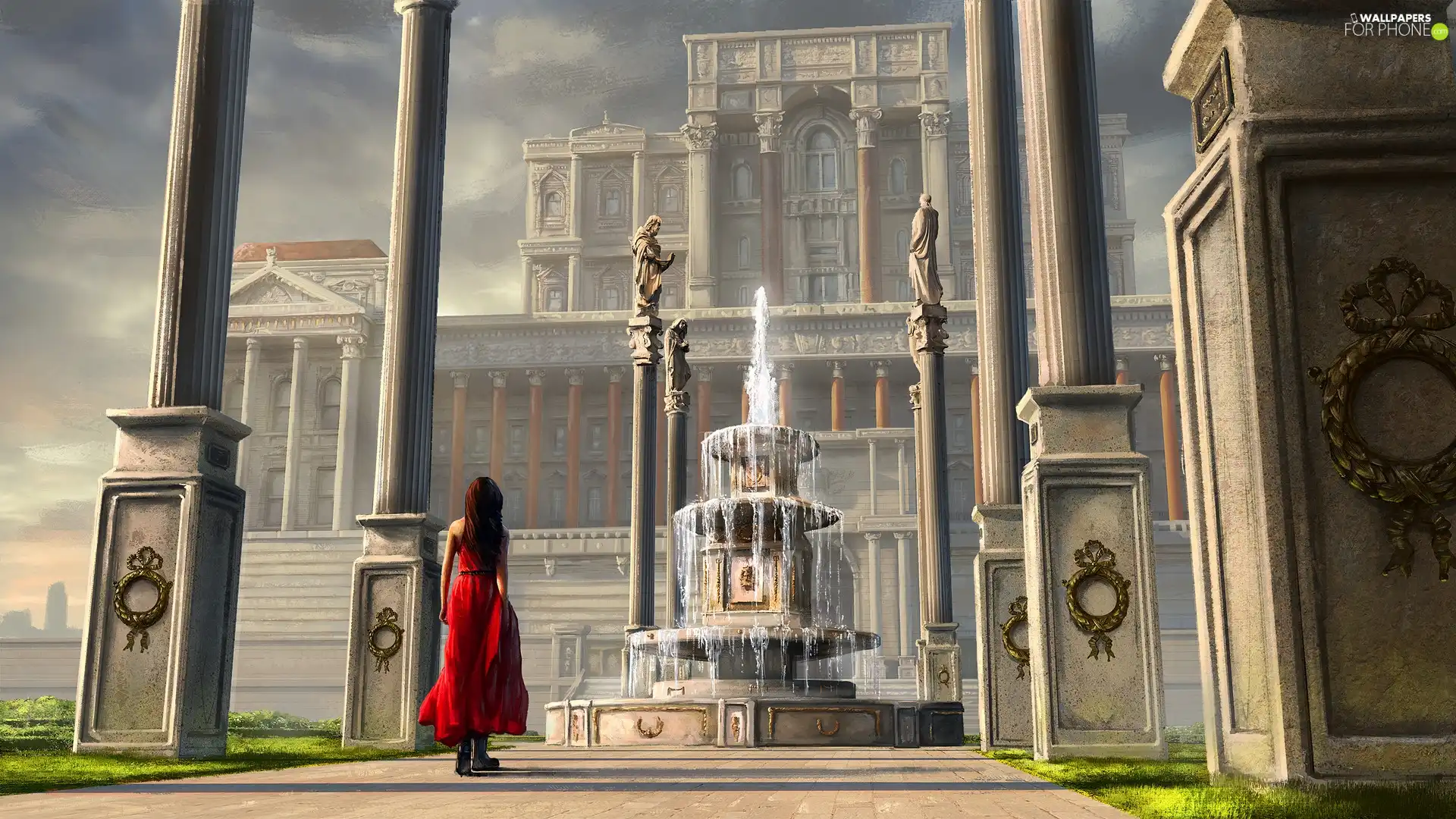 palace, column, dress, fountain, red hot, house, Digital Art, girl