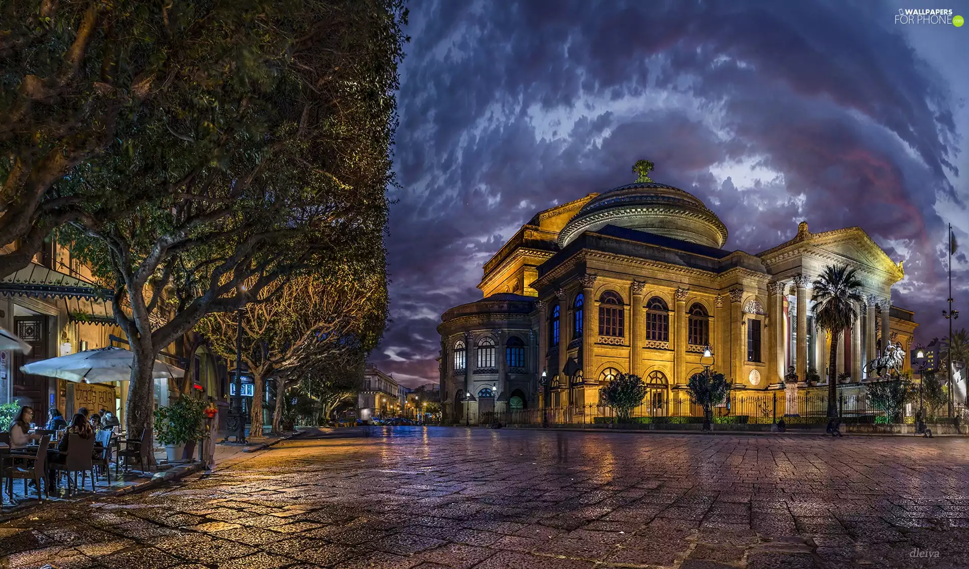 Palermo, Theater Massimo, viewes, Way, trees, Sicilia, Italy, cafeteria