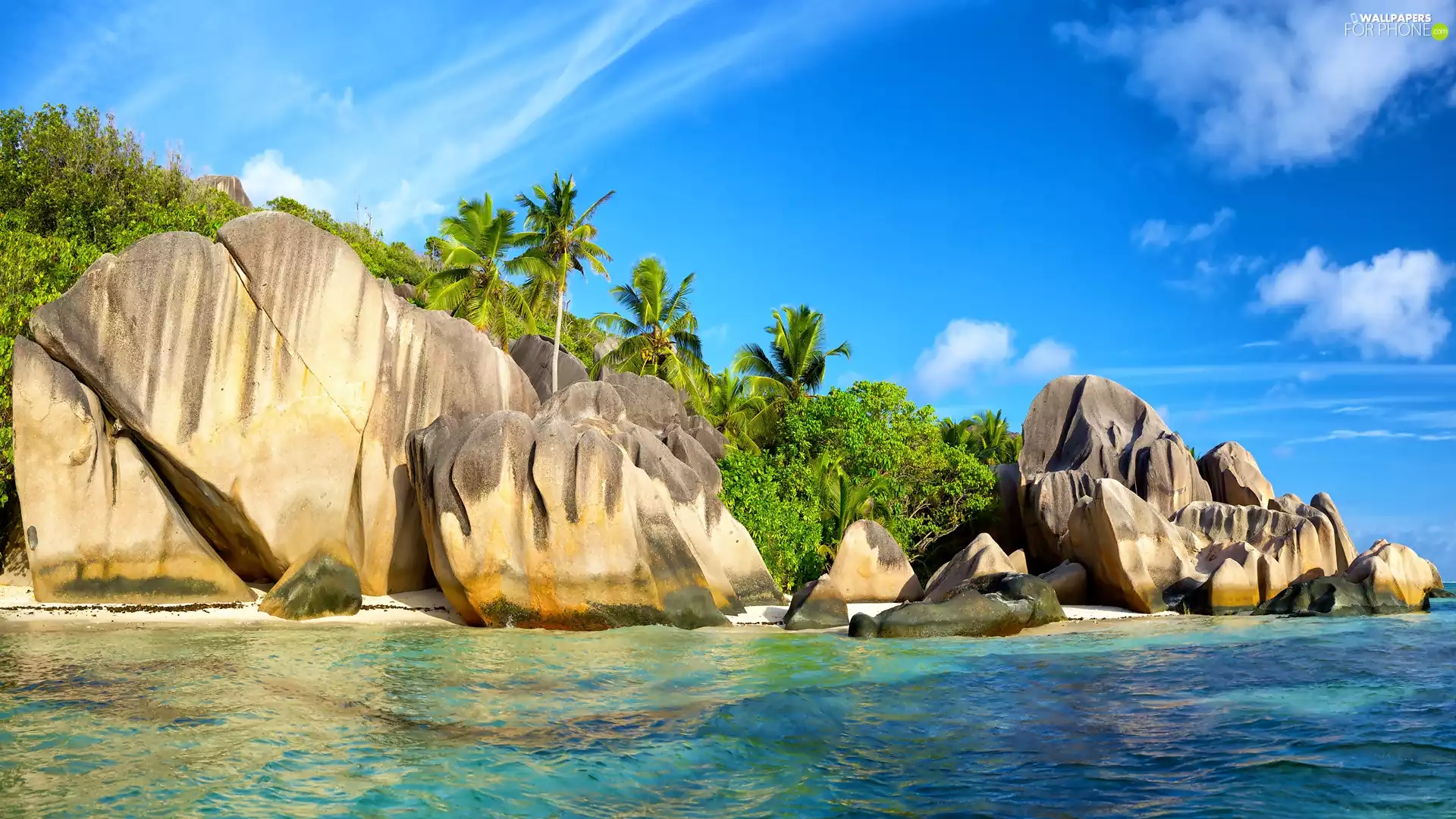Anse Source d Argent Beach, sea, VEGETATION, rocks, Palms, La Digue Island, Seychelles, boulders