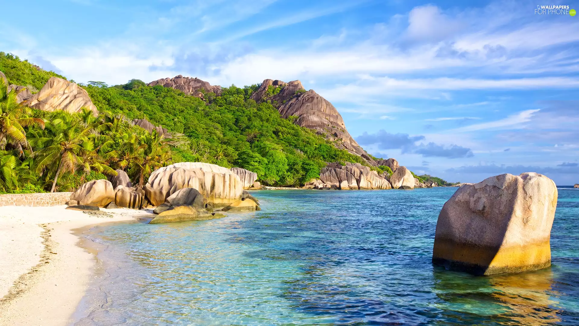 Palms, VEGETATION, Seychelles, sea, La Digue Island, boulders, rocks, clouds