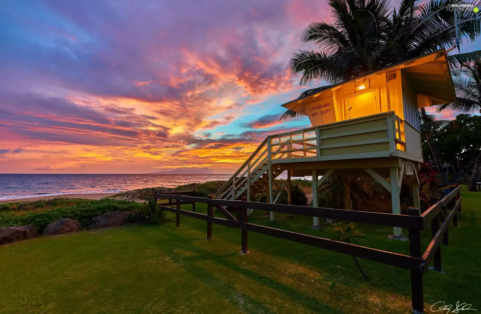 Palms, Aloha State Hawaje, clouds, Rescue Tower, Great Sunsets, sea