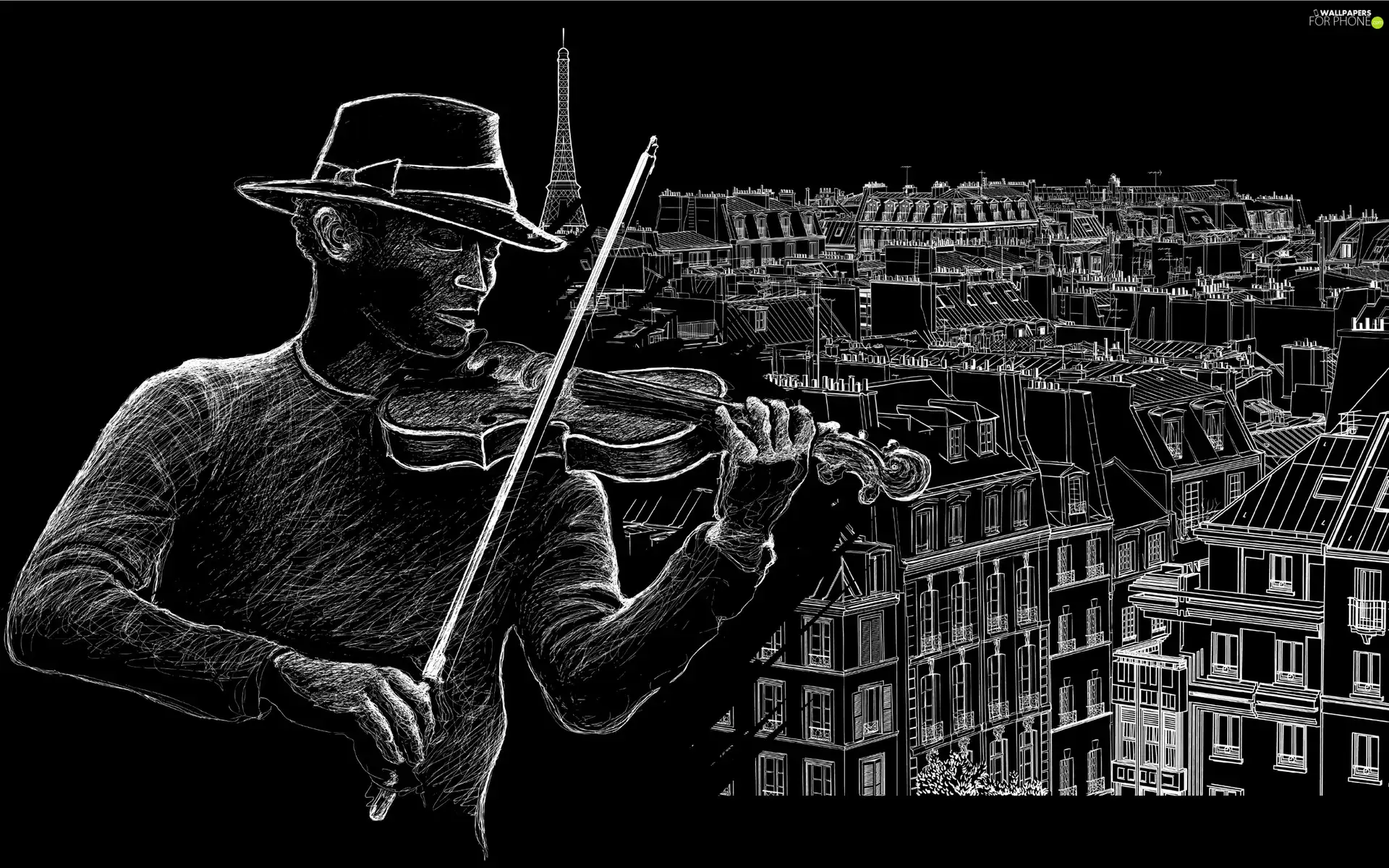 panorama, town, a man, violin, graphics