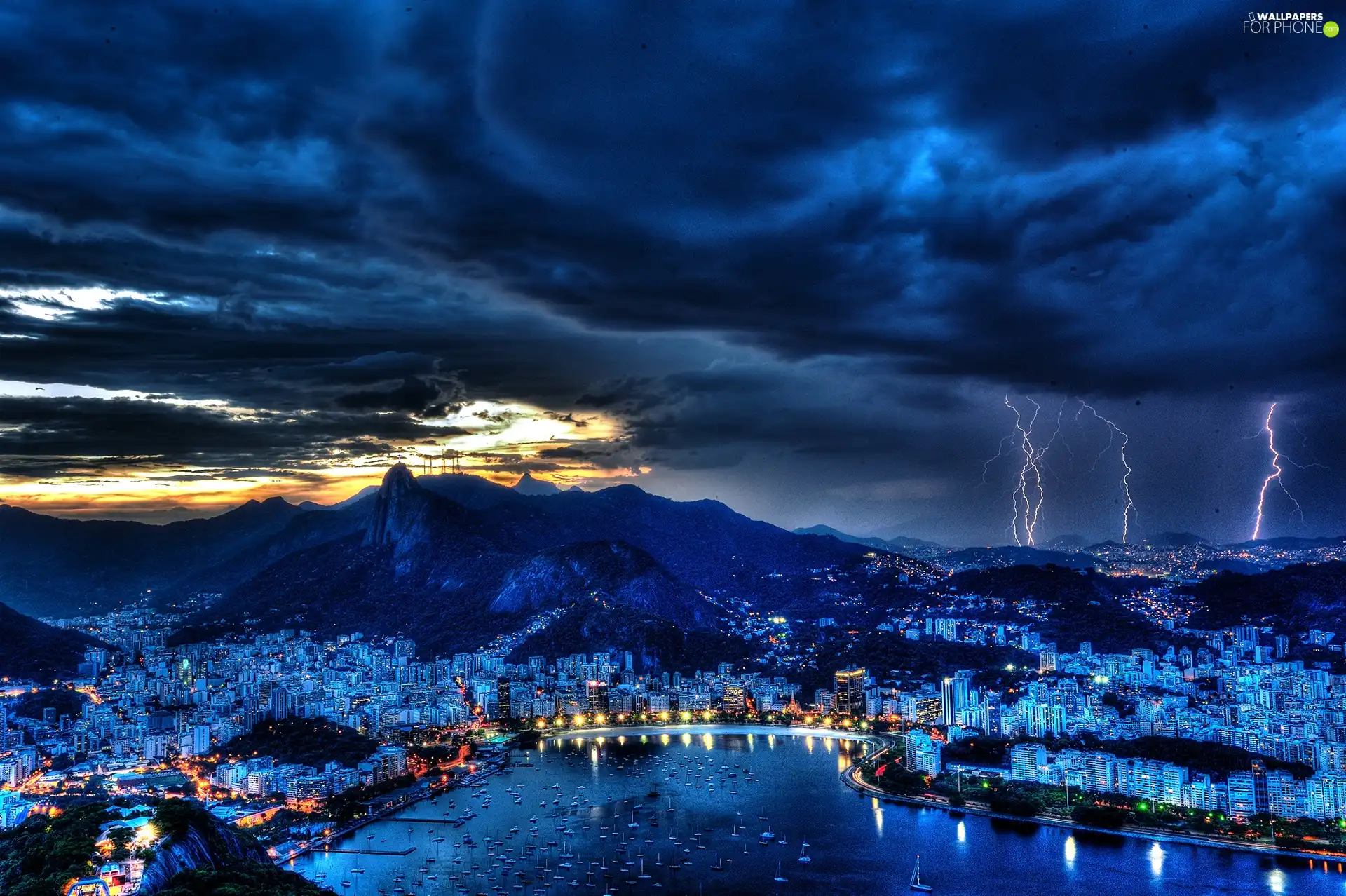 town, Mountains, clouds, panorama, River, Rio de Janerio, Night