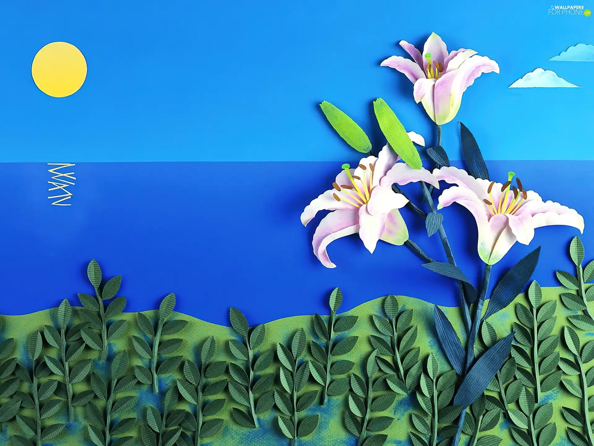 landscape, lilies, Papier Art, sun