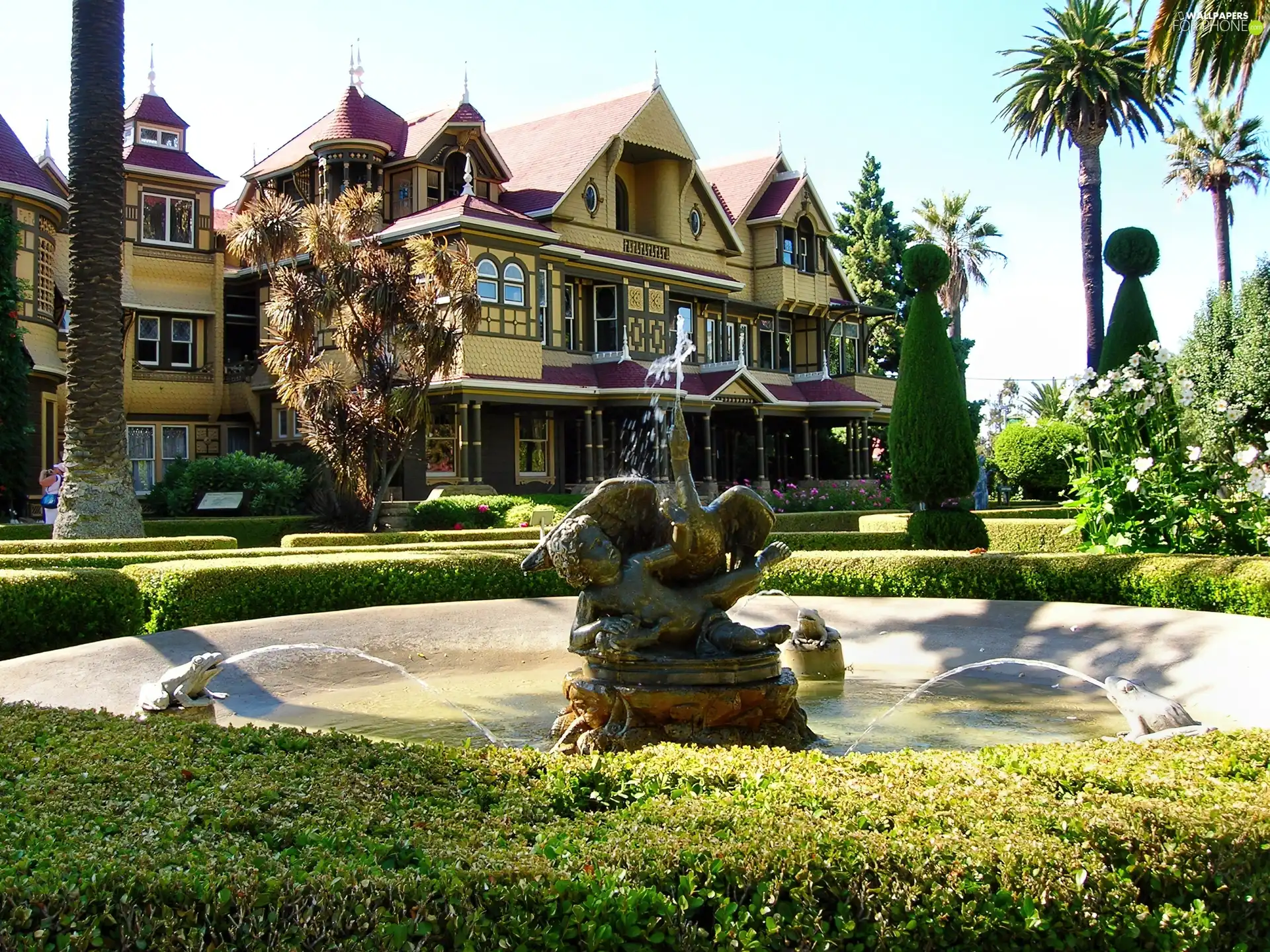 fountain, house, Park, Palms