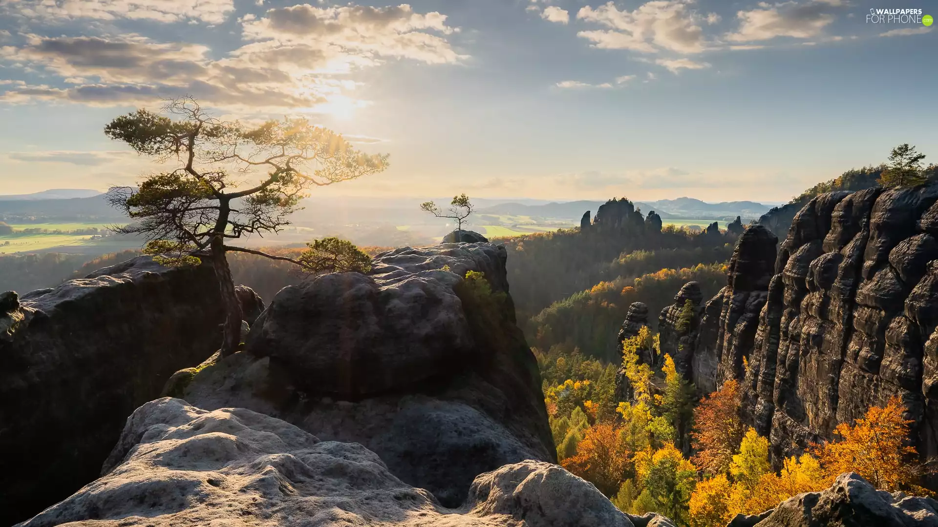 Saxon Switzerland National Park, Germany, Děčínská vrchovina, rocks, clouds, Sunrise, viewes, autumn, trees