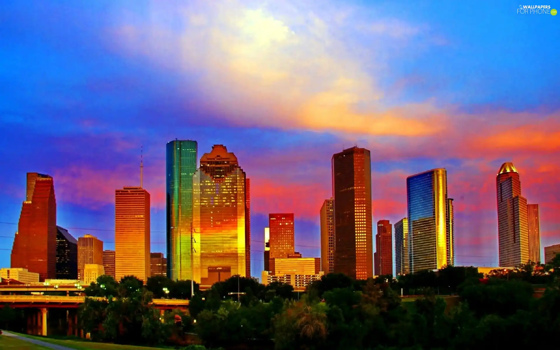 Park, west, skyscrapers, clouds, Houston