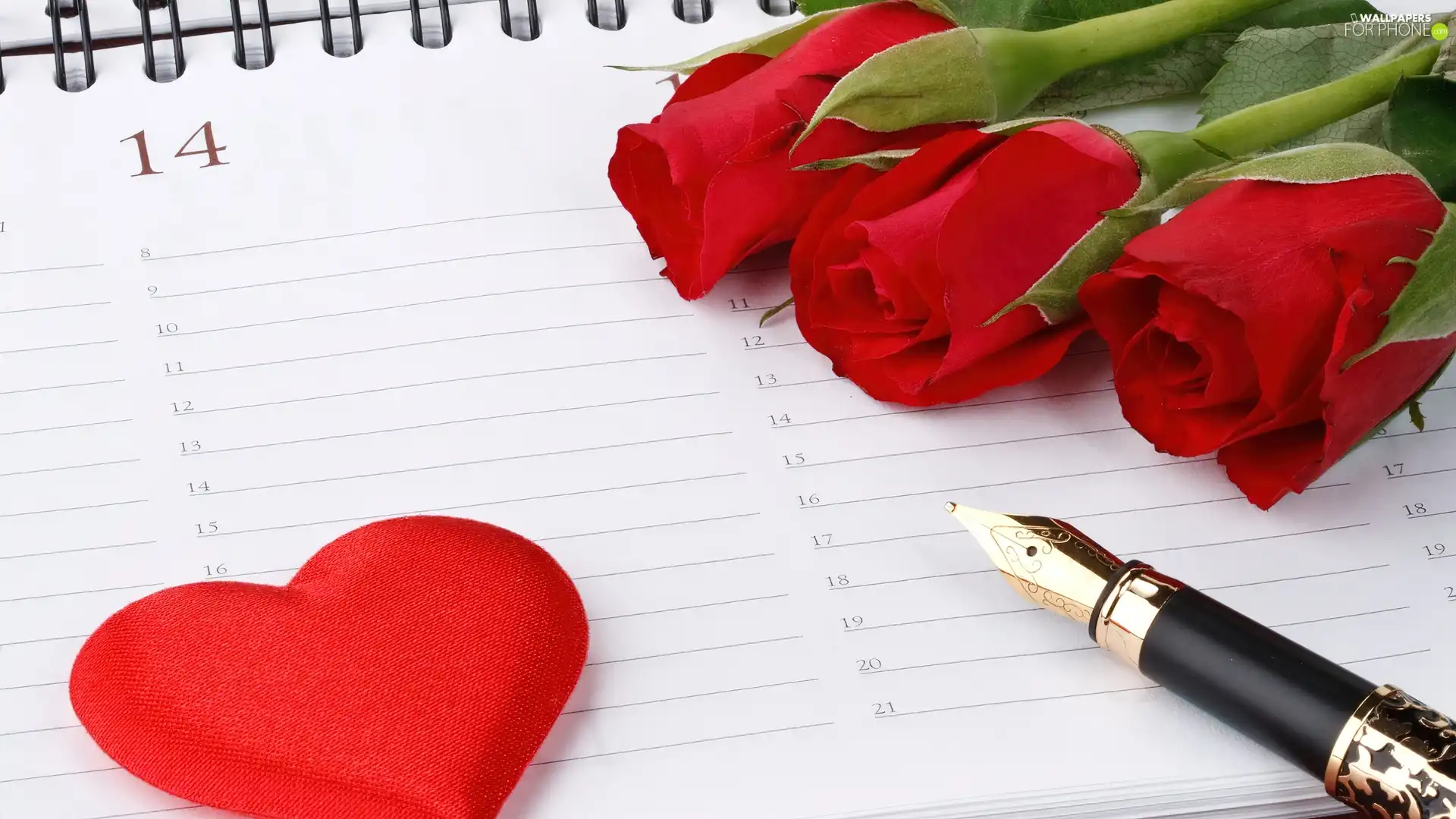 roses, Heart teddybear, pen, Calendar