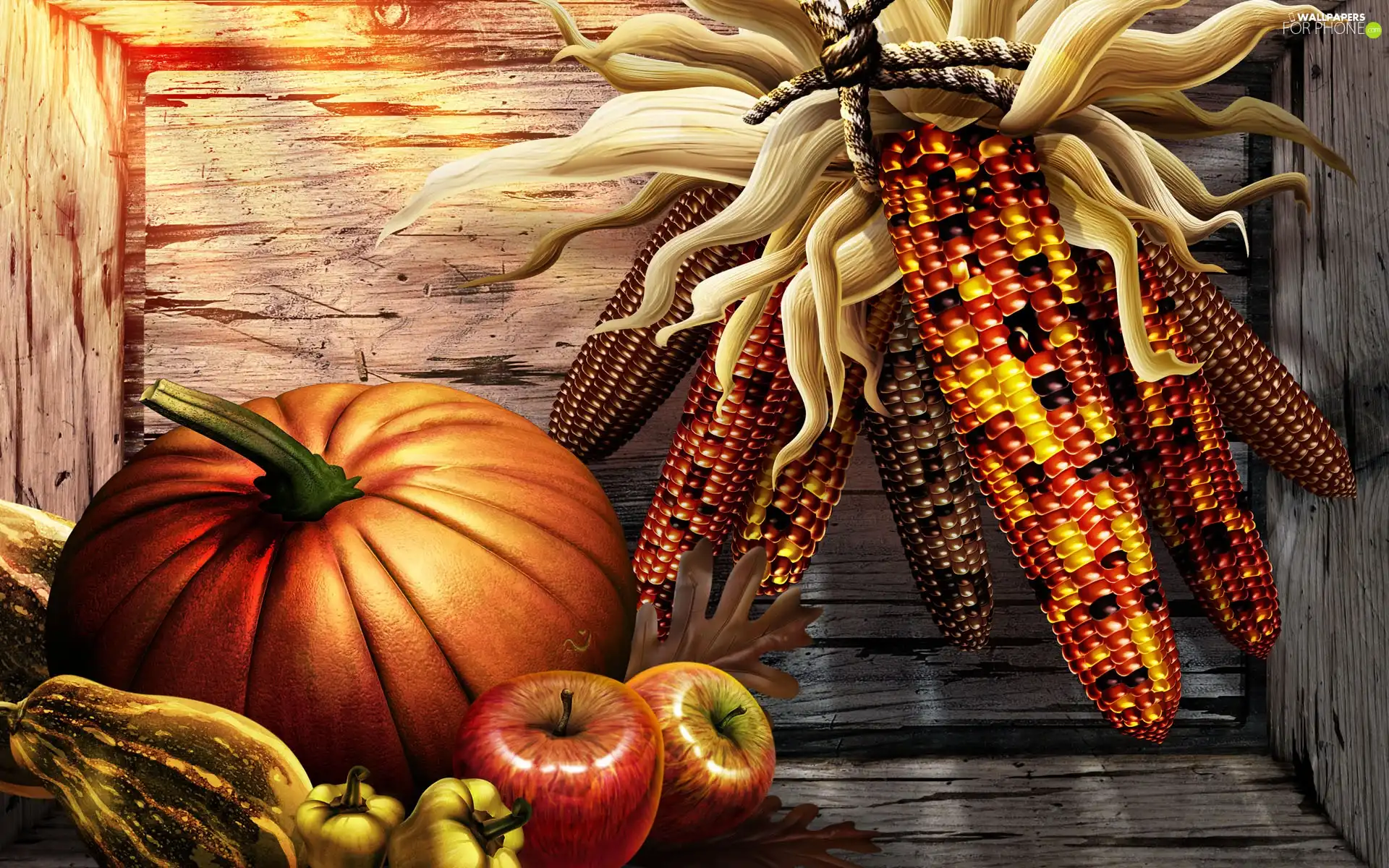apples, corn, pepper, pumpkin