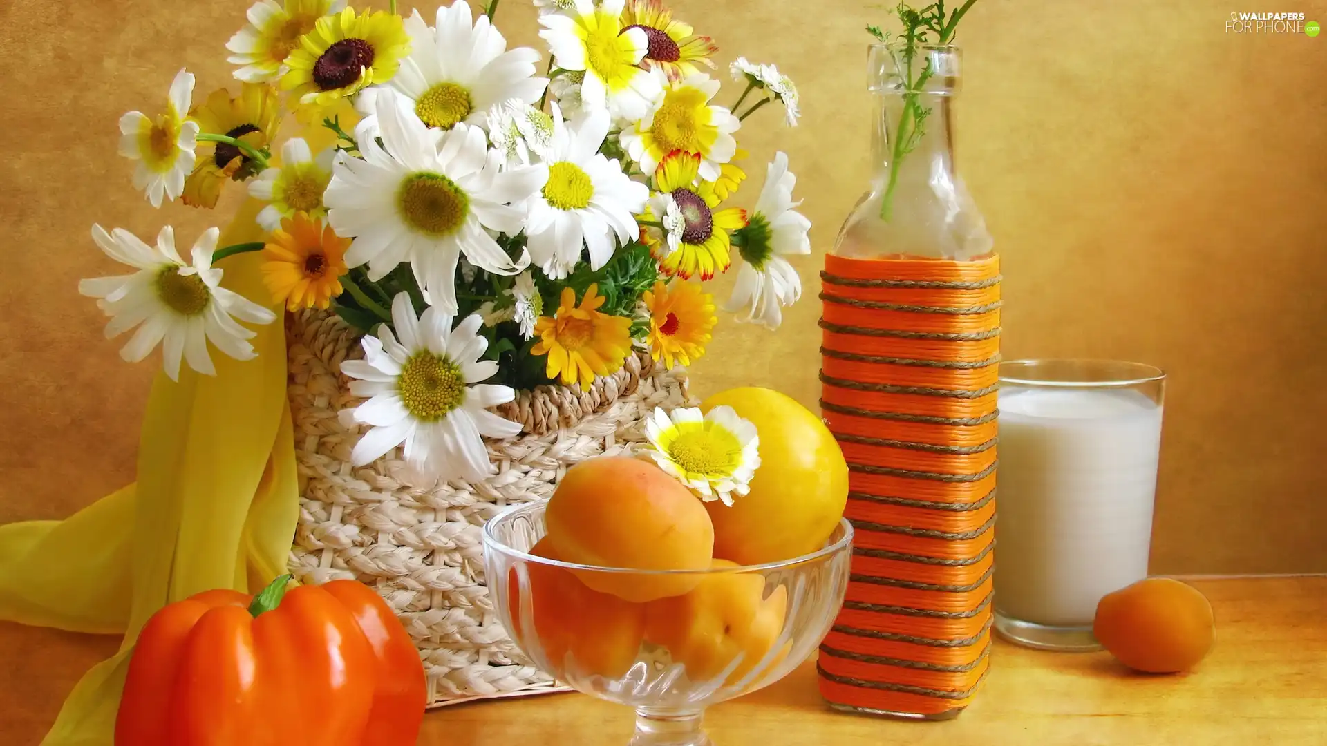 pepper, Bottle, milk, orange, daisy