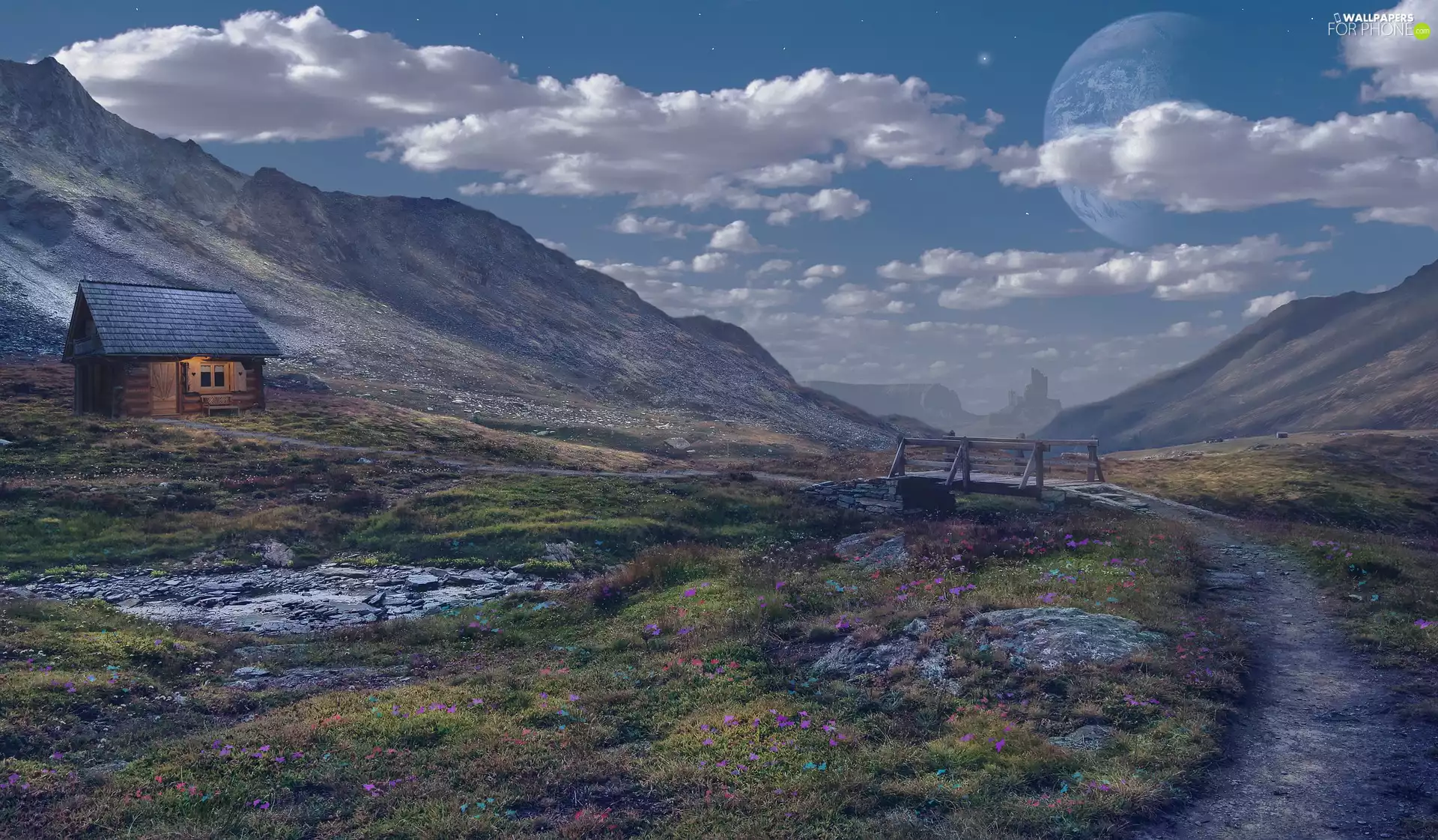 bridges, house, clouds, photomontage, stream, Mountains
