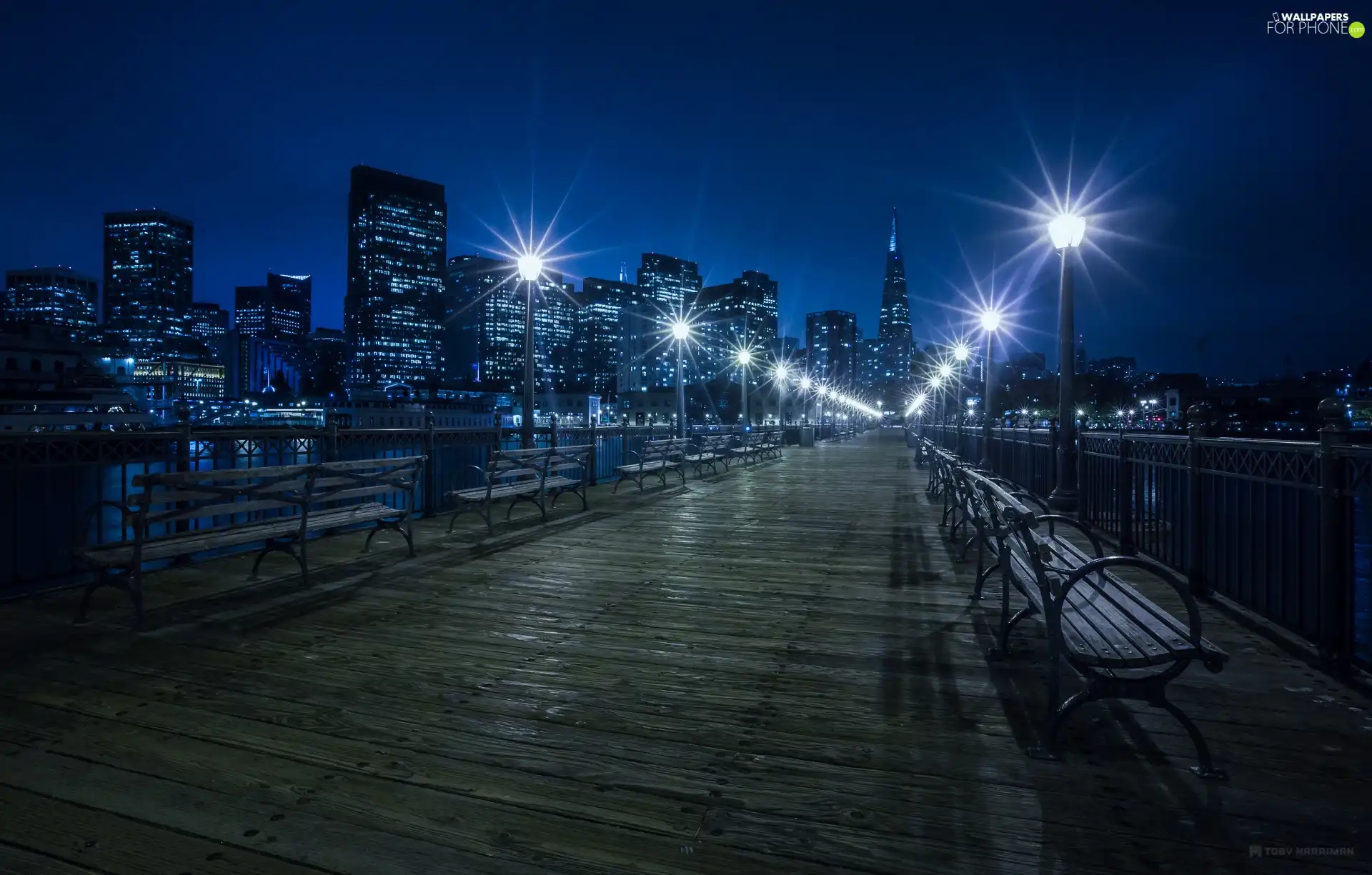 bench, City at Night, lanterns, pier, skyscrapers