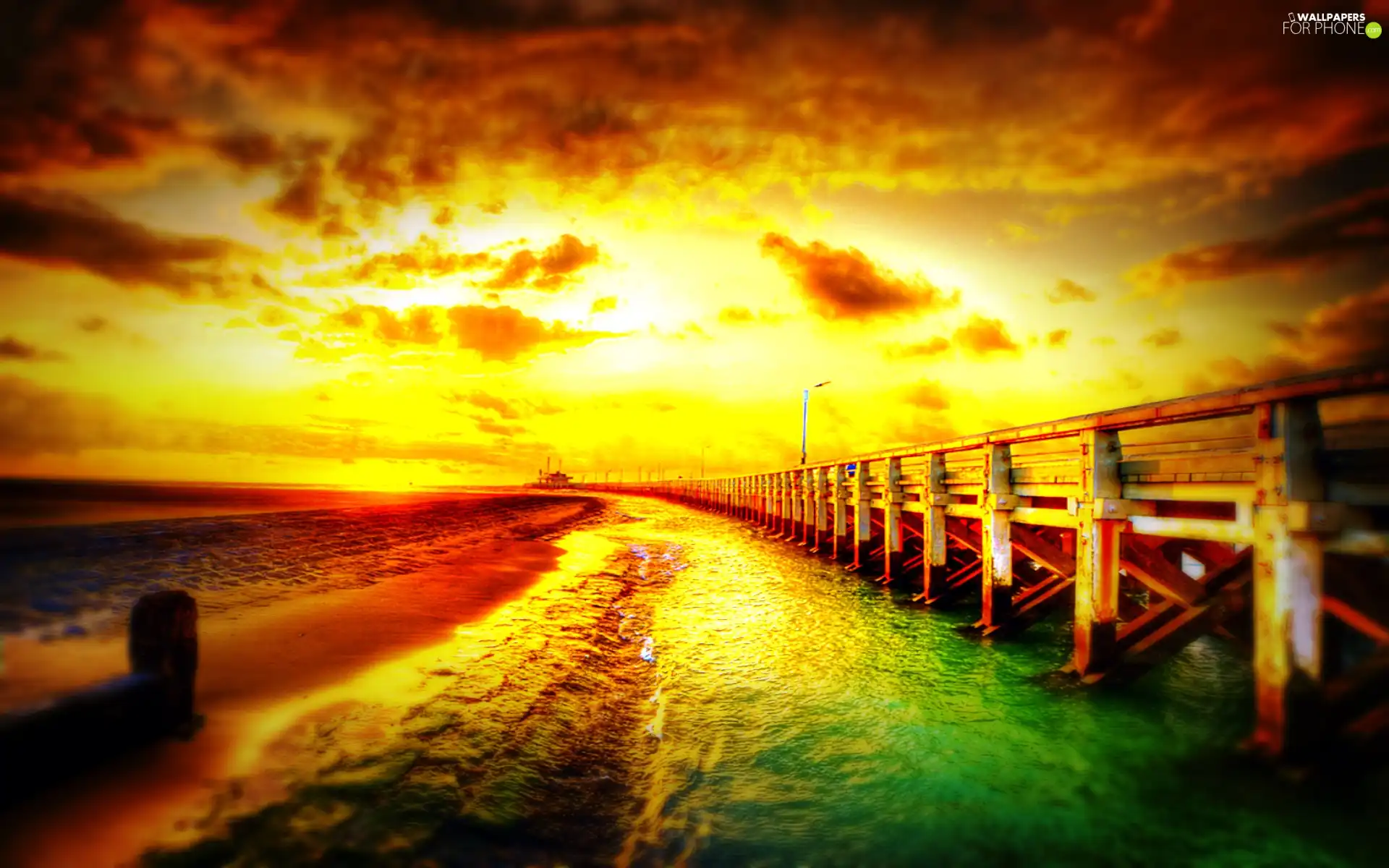 west, sea, pier, sun